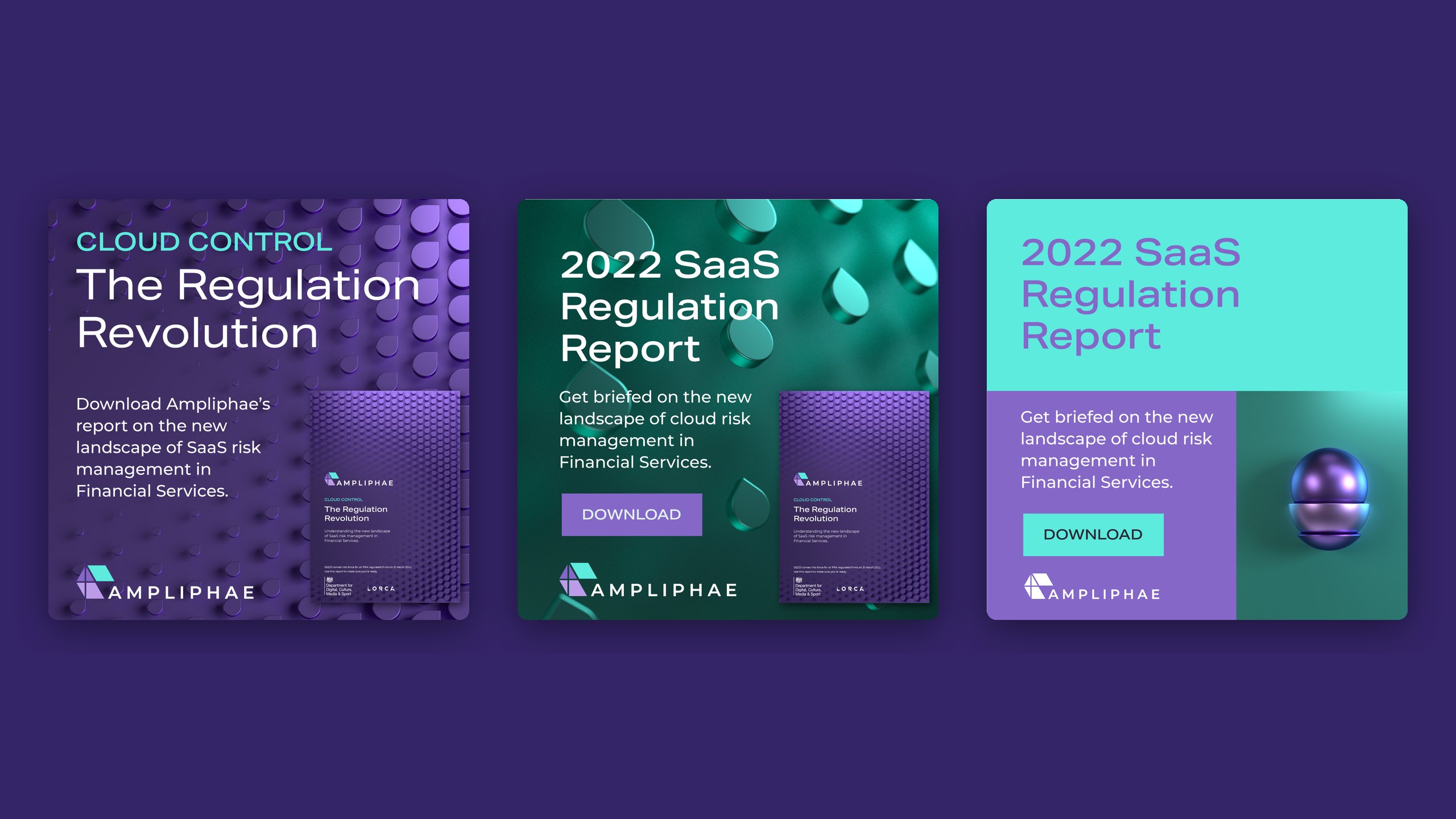 Three Ampliphae LinkedIn ads on purple: Cloud Control, The Regulation Revolution over purple droplets, and two 2022 SaaS Regulation Report ads with Download buttons on green and turquoise