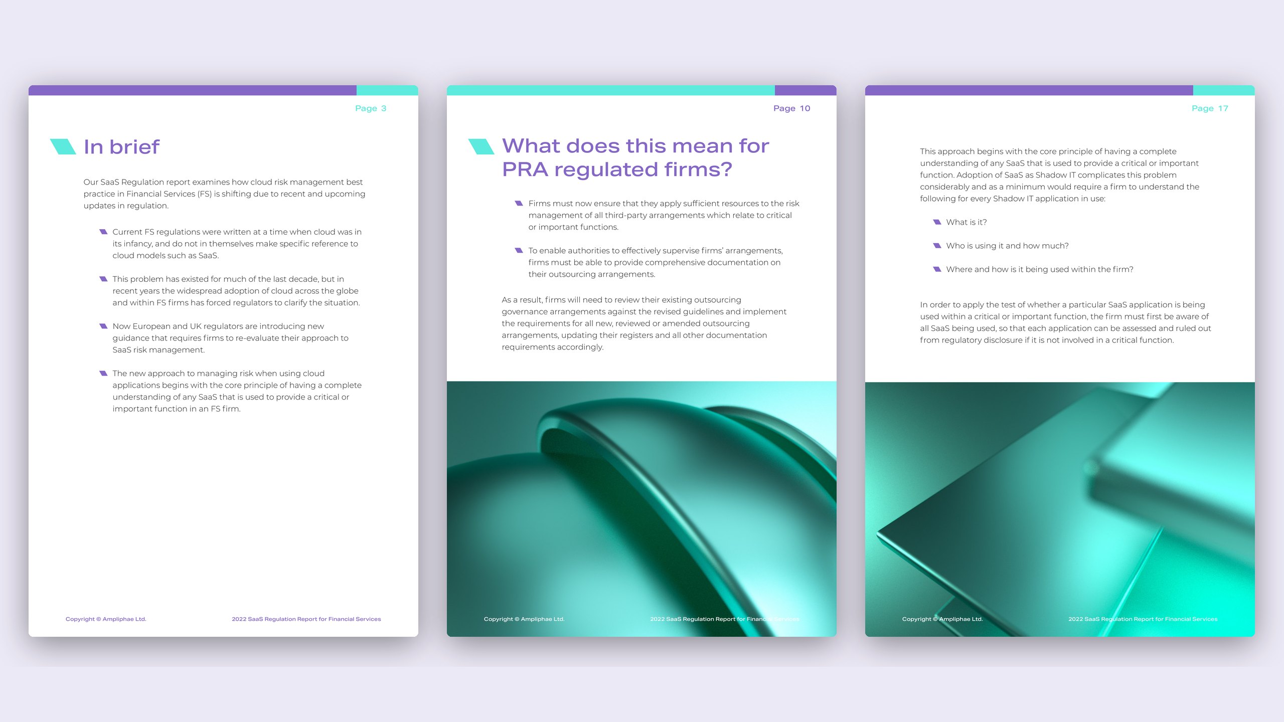 Three pages from Ampliphae’s 2022 SaaS Regulation Report: In brief, What does this mean for PRA regulated firms, and a page on understanding Shadow IT, two with turquoise 3D imagery