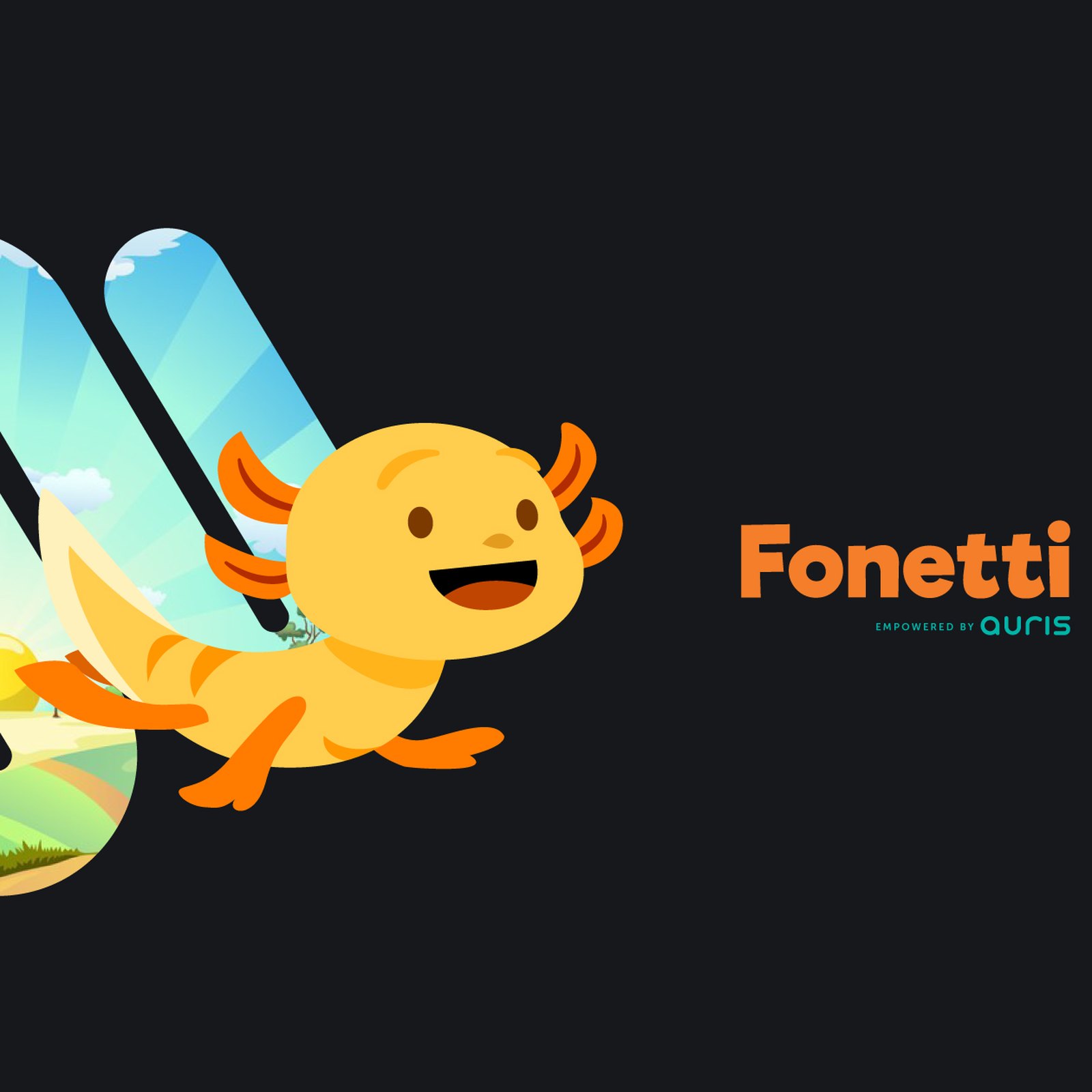 The Fonetti wordmark with the Empowered by Auris signature beneath it, next to Fonetti’s orange axolotl character and a soundwave image mask filled with a sunny cartoon landscape