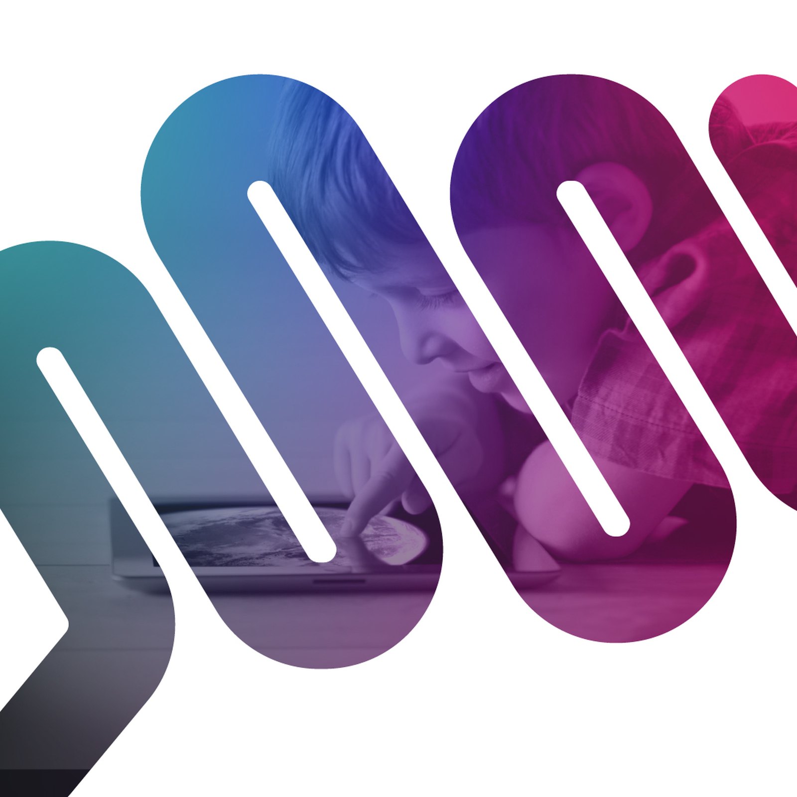 An Auris image mask on white: the soundwave shape filled with a magenta and purple tinted photo of a child using a tablet