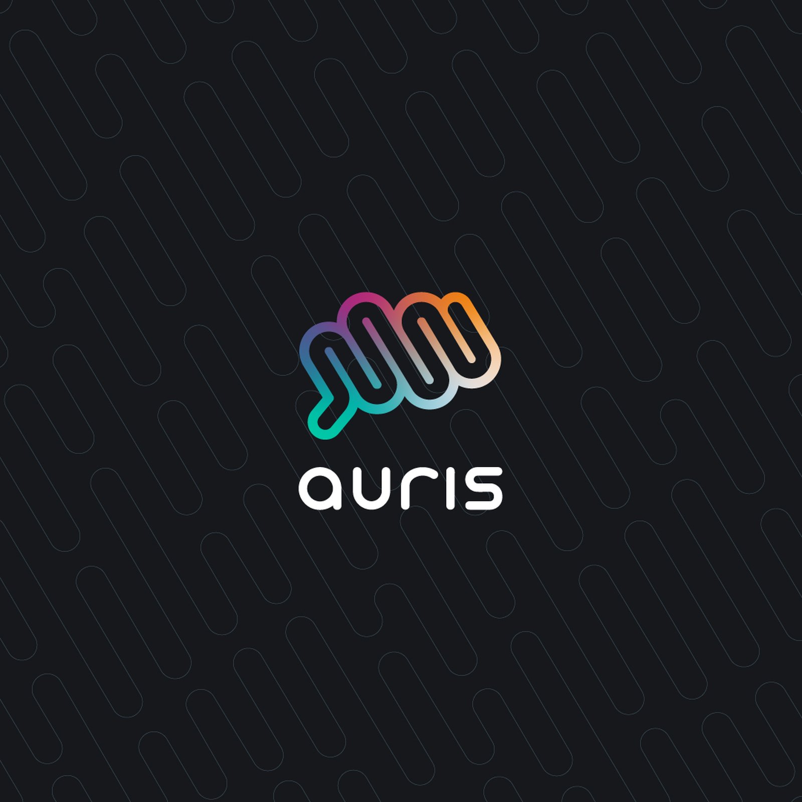 The stacked Auris logo in white and gradient on near-black, over a subtle pattern of rounded diagonal lines drawn from the logo’s angles