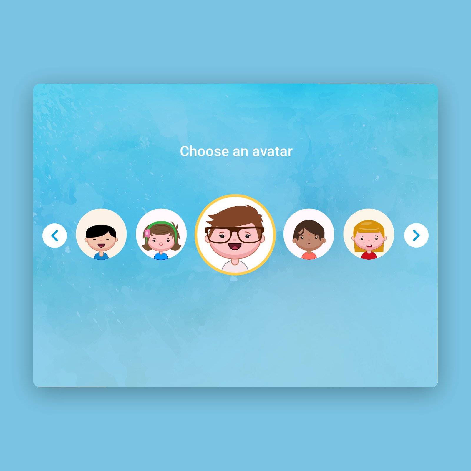 A Fonetti app screen titled Choose an avatar, with a carousel of five cartoon children’s faces and the selected one ringed in yellow
