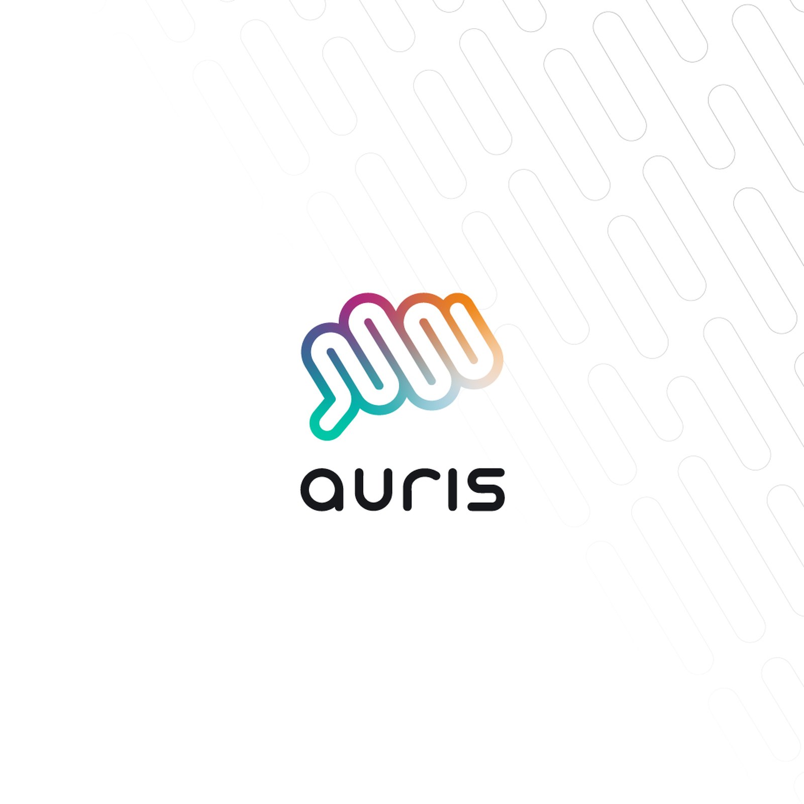 The stacked Auris logo, a gradient soundwave line above the lowercase auris wordmark, on white with a faint pattern of rounded diagonal lines