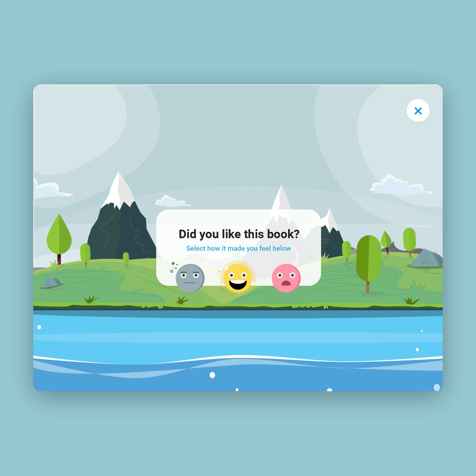 A Fonetti app screen asking Did you like this book?, with three faces to choose how the book made you feel, over a cartoon landscape of mountains, trees and a river