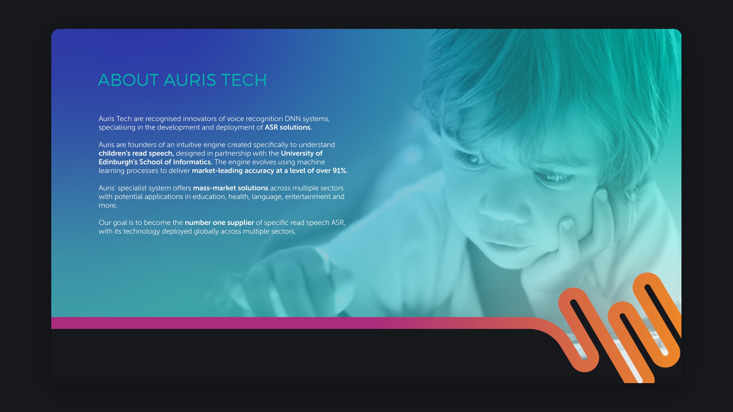 The About Auris Tech section of the holding page we designed, with copy on Auris’s speech recognition engine over a blue to teal photo of a boy reading, edged by a pink and orange waveform divider