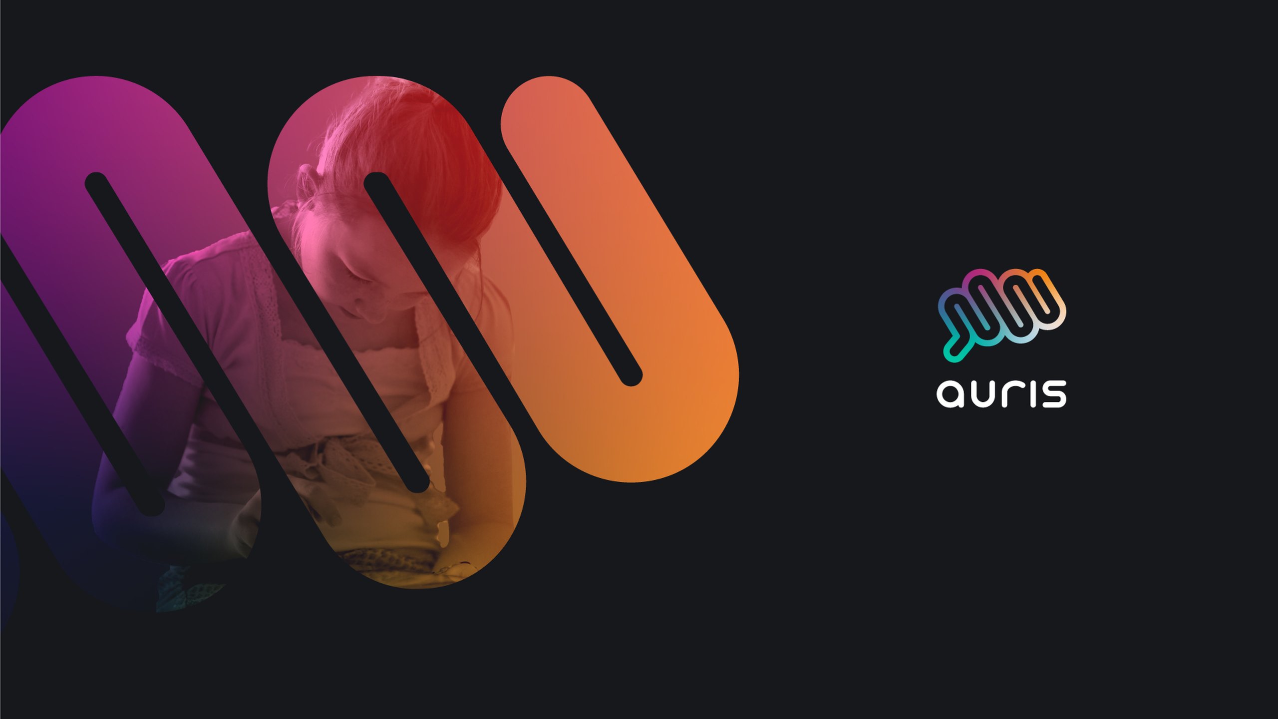 An Auris key visual on near-black: the soundwave logo shape used as a large image mask, filled with a photo of a child reading on a tablet under a purple to orange gradient, beside the stacked Auris logo