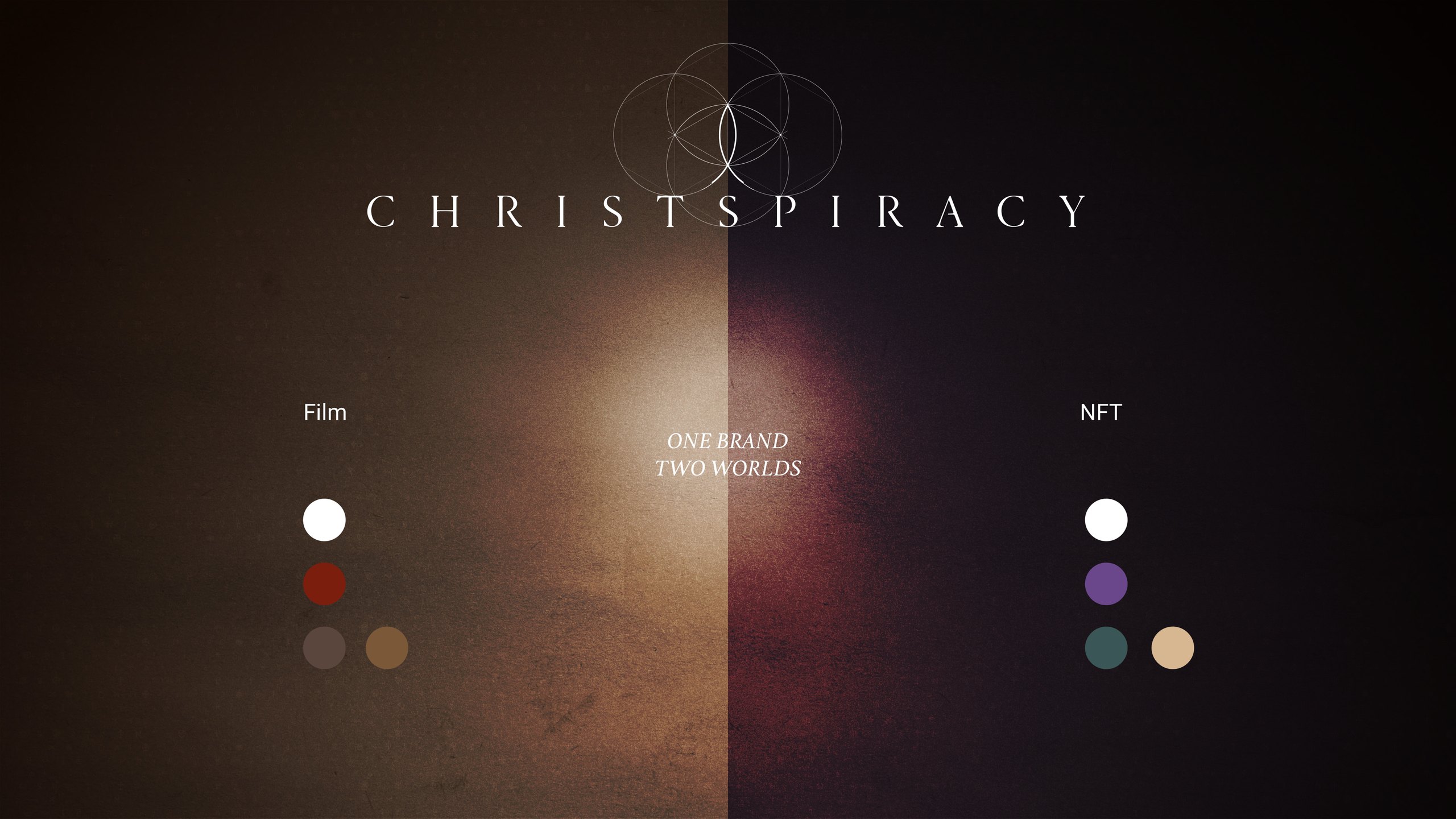 Christspiracy brand board titled One Brand, Two Worlds: the wordmark and circle symbol across a split background, warm brown for Film on the left and dark violet for NFT on the right, each with its own colour palette