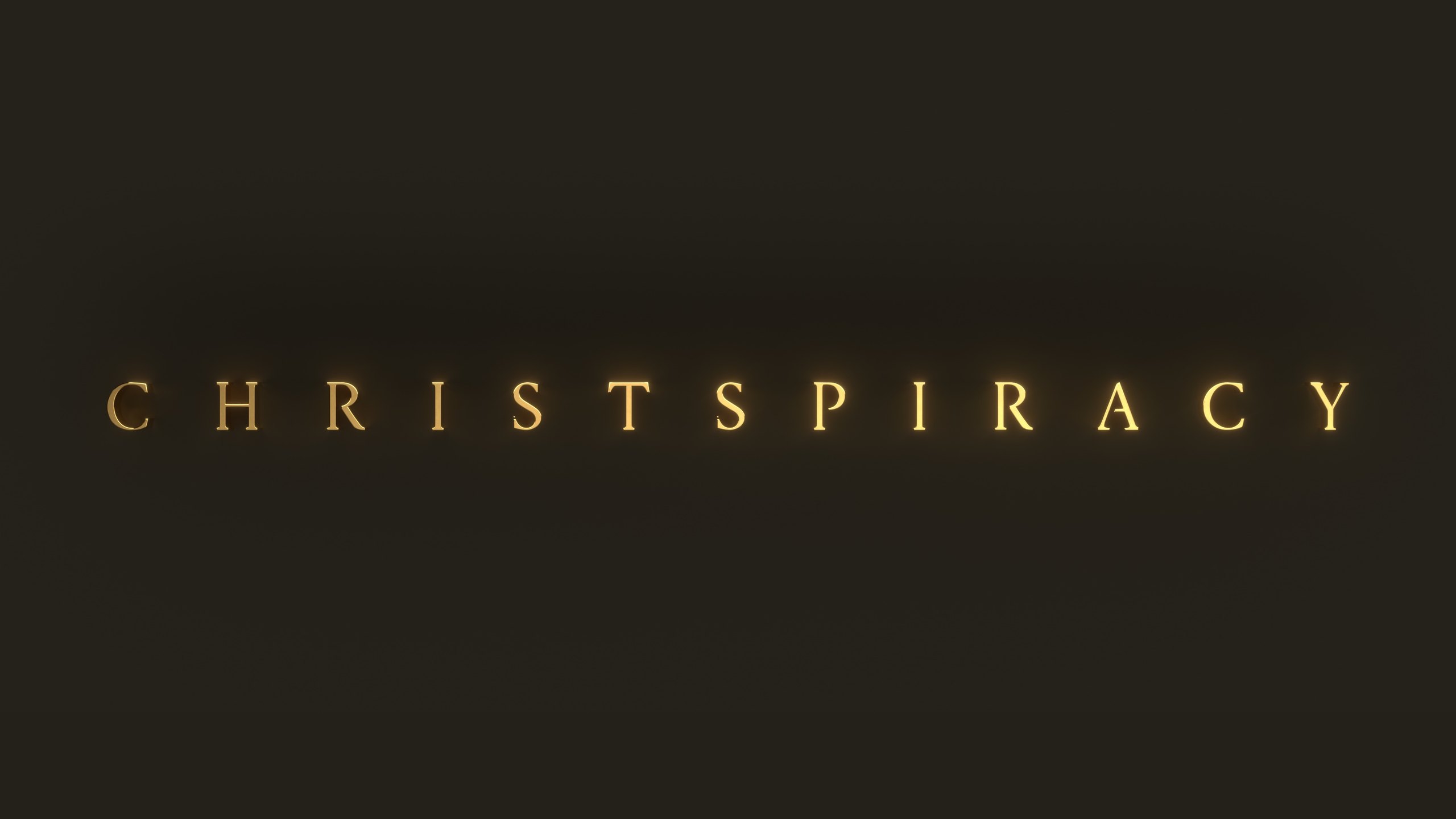 The Christspiracy wordmark rendered in glowing three-dimensional gold letters on a dark brown background
