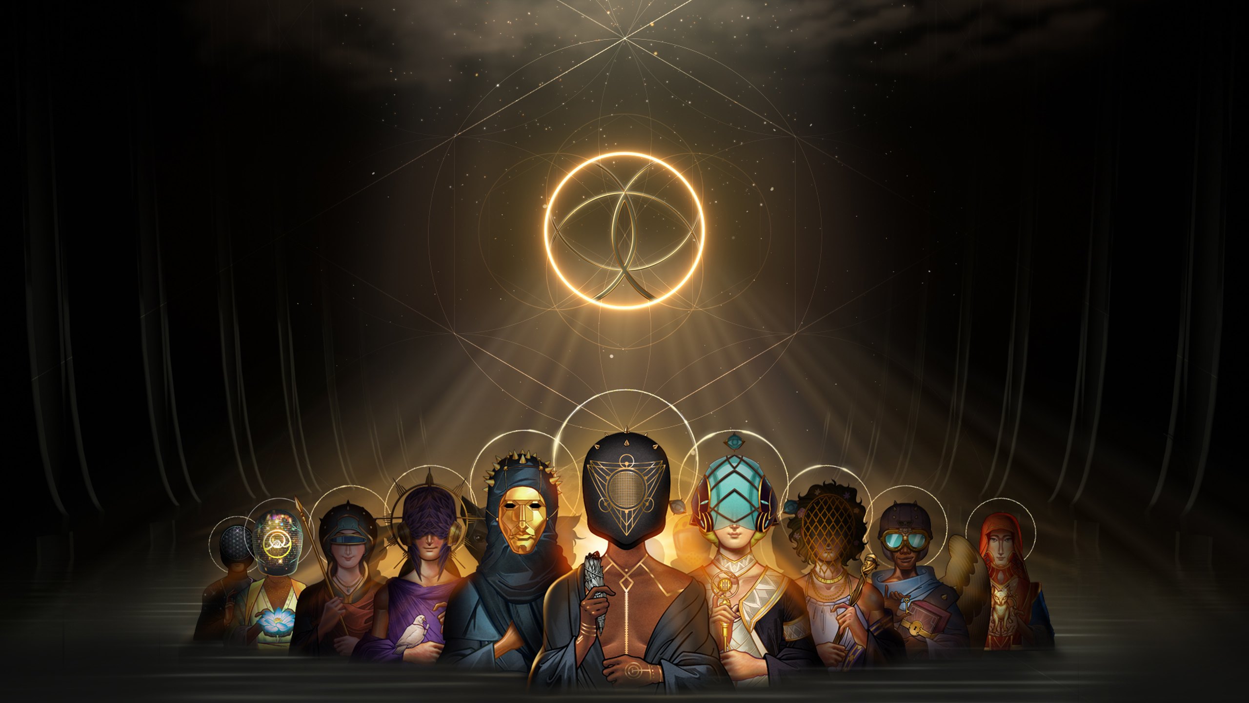 A dark 3D stage with curtains and still water, lit by a glowing Christspiracy symbol, with a row of haloed, masked Nazarene characters gathered at the front