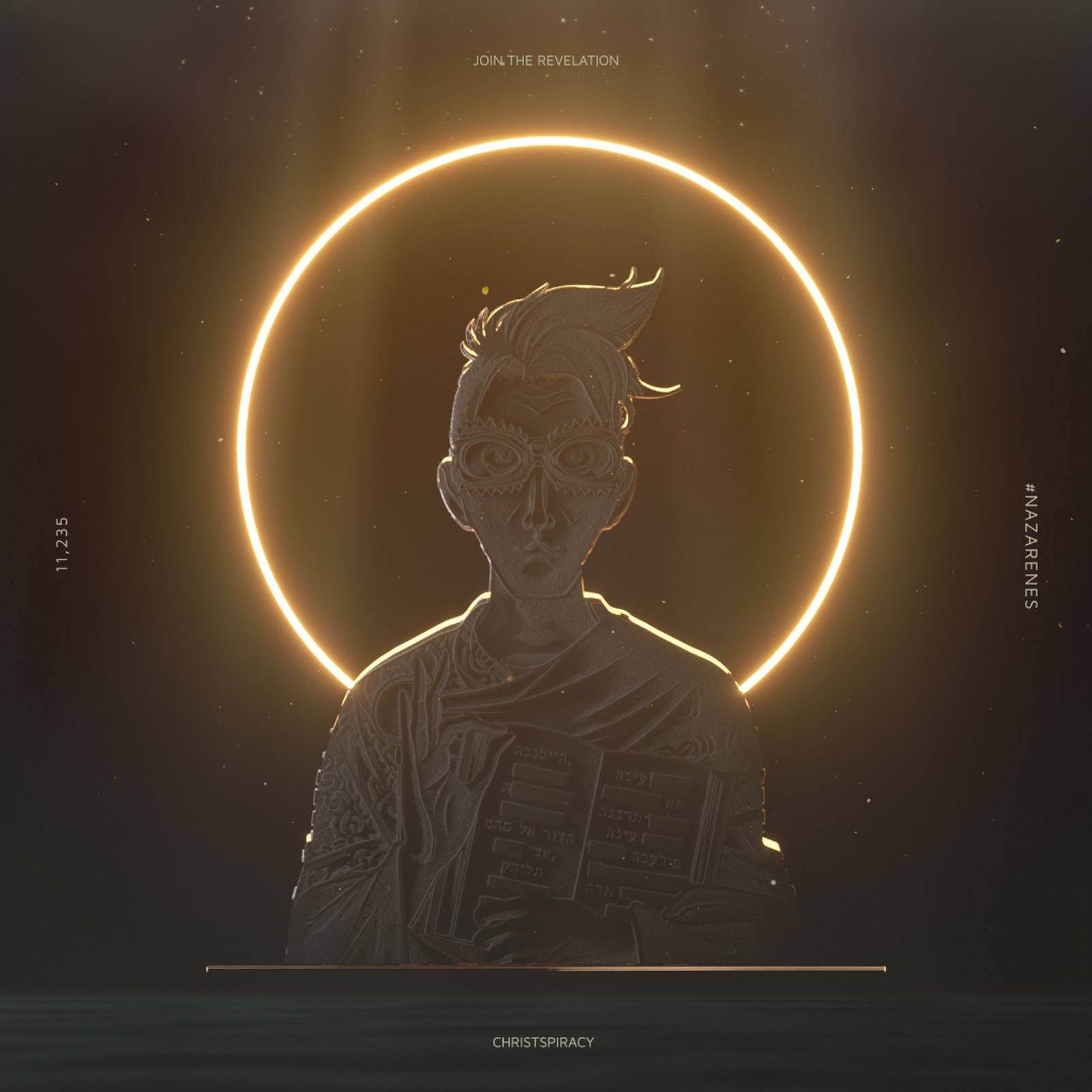 Christspiracy Instagram post: a stone relief portrait of a young man holding a book inside a glowing gold ring, under the line Join the Revelation