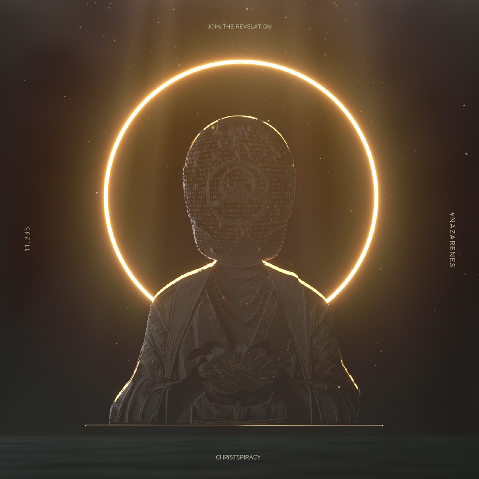 Christspiracy Instagram post: a stone relief portrait of a figure with a patterned, faceless head inside a glowing gold ring