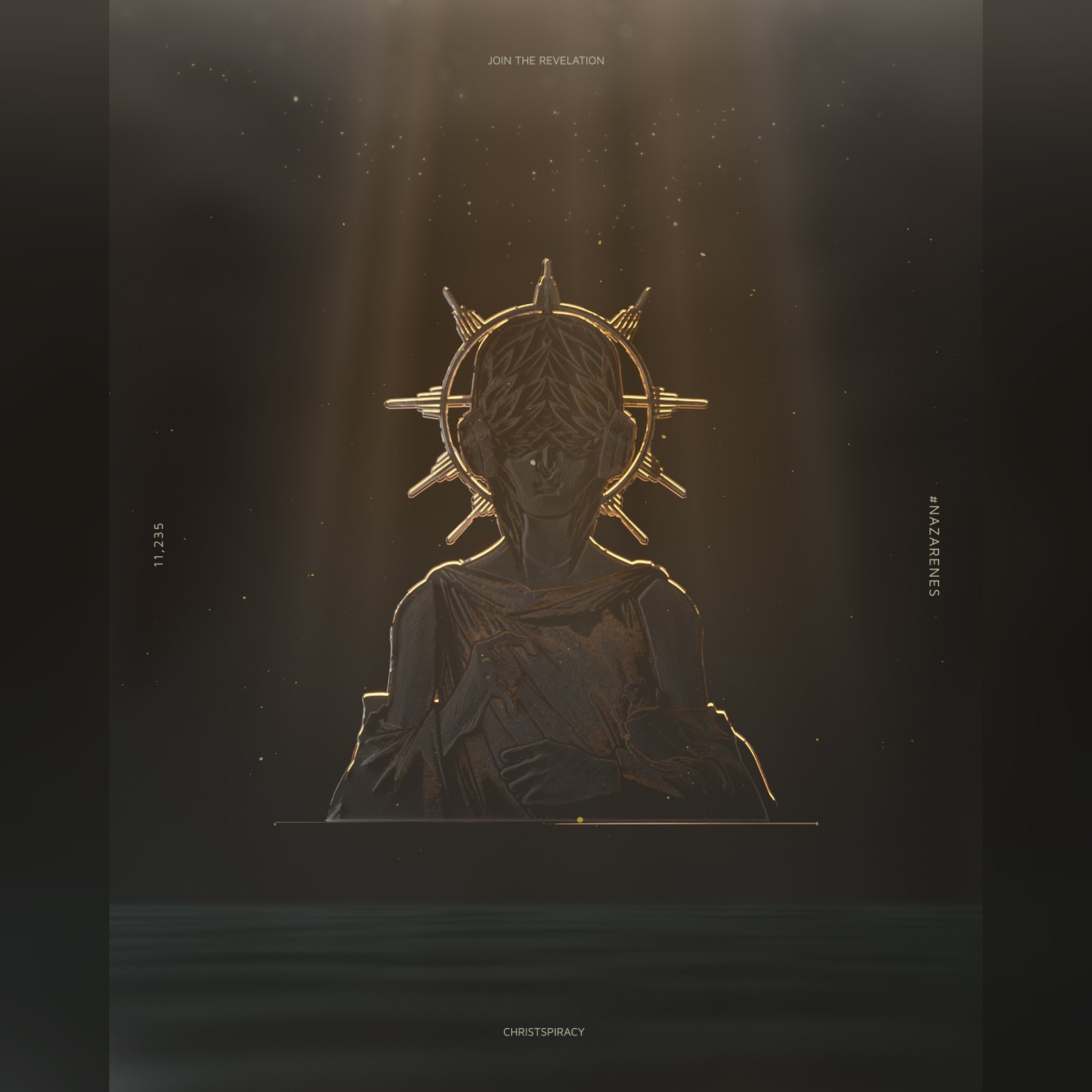 Christspiracy Instagram cover: a stone relief figure crowned with a spiked halo of light, standing over dark water beneath rays from above