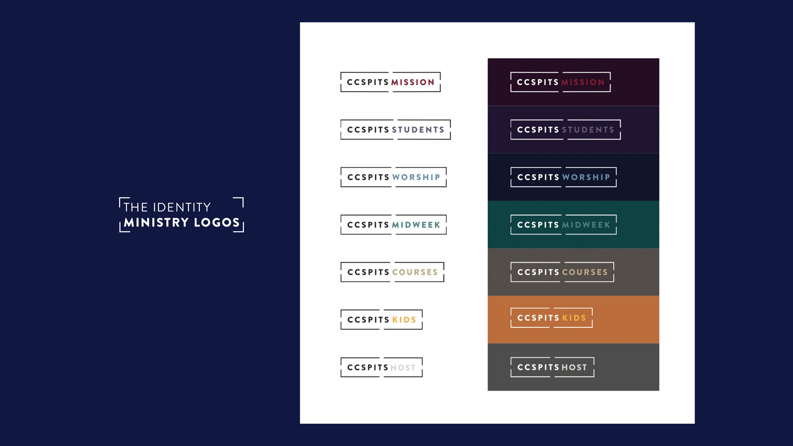 The CCSPITS ministry logos for Mission, Students, Worship, Midweek, Courses, Kids and Host, each in a bracketed frame, shown on white and on their own dark colour bands