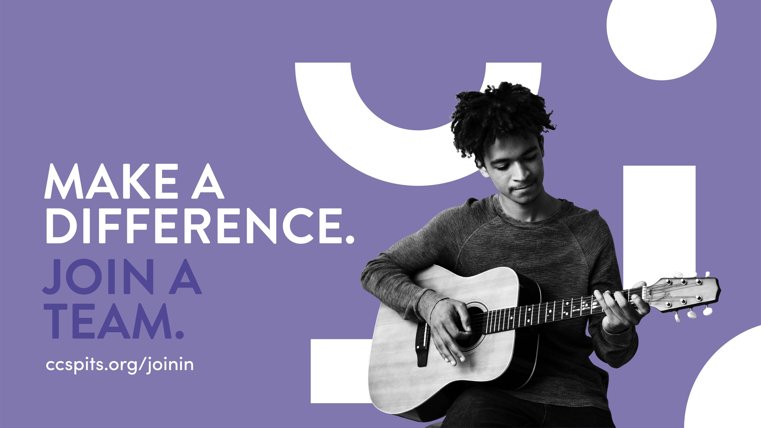 Make a Difference campaign artwork in lilac: Make a difference. Join a team. in bold capitals beside a black and white cutout of a young man playing an acoustic guitar, framed by white building block shapes