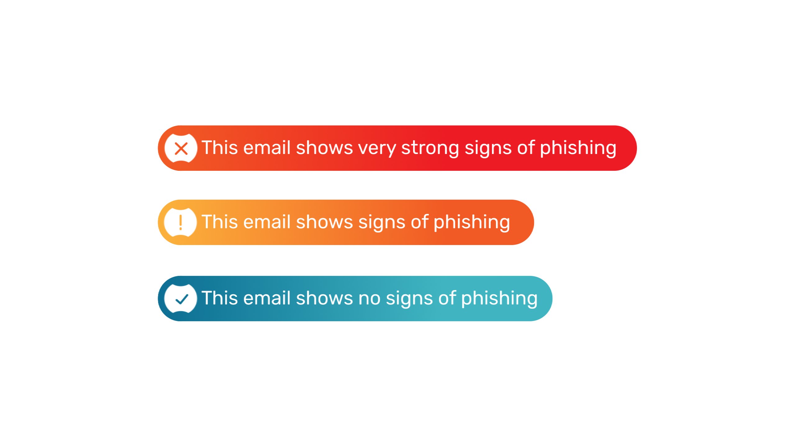 Three Ajax email warning banners: red for very strong signs of phishing, amber for signs of phishing and teal for no signs of phishing