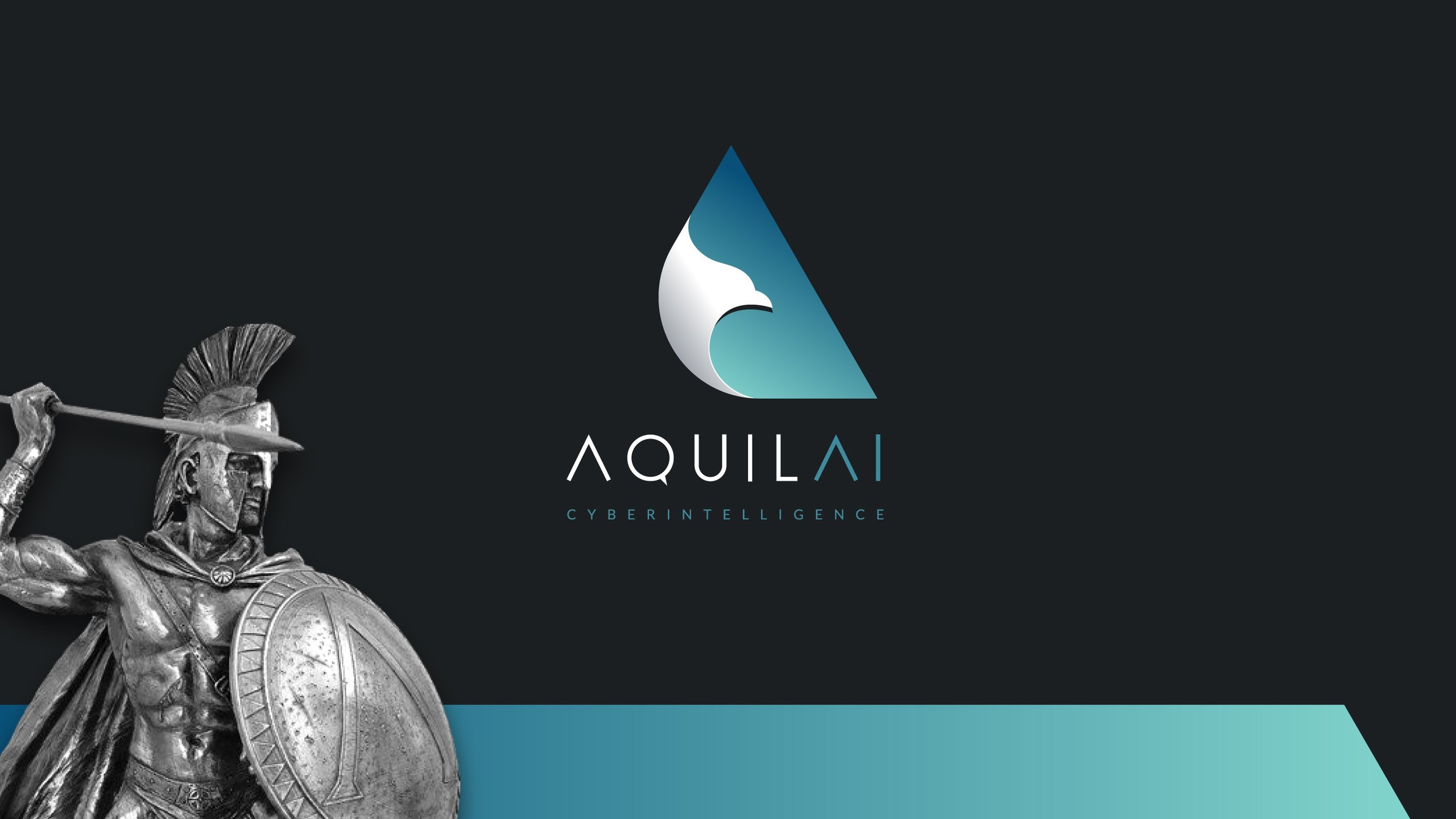 The Aquilai logo in a blue to teal gradient on charcoal, beside a silver statue of a Greek warrior raising a spear behind his shield