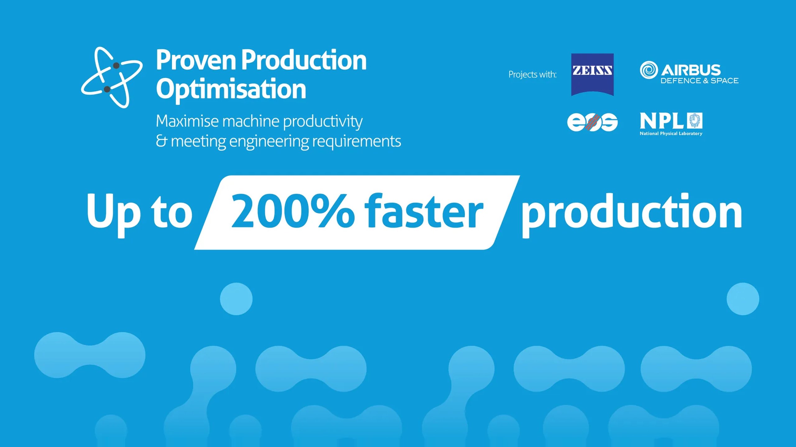 A Formnext stand panel in bright blue reading Proven Production Optimisation and Up to 200% faster production, with Zeiss, Airbus Defence and Space, EOS and NPL logos
