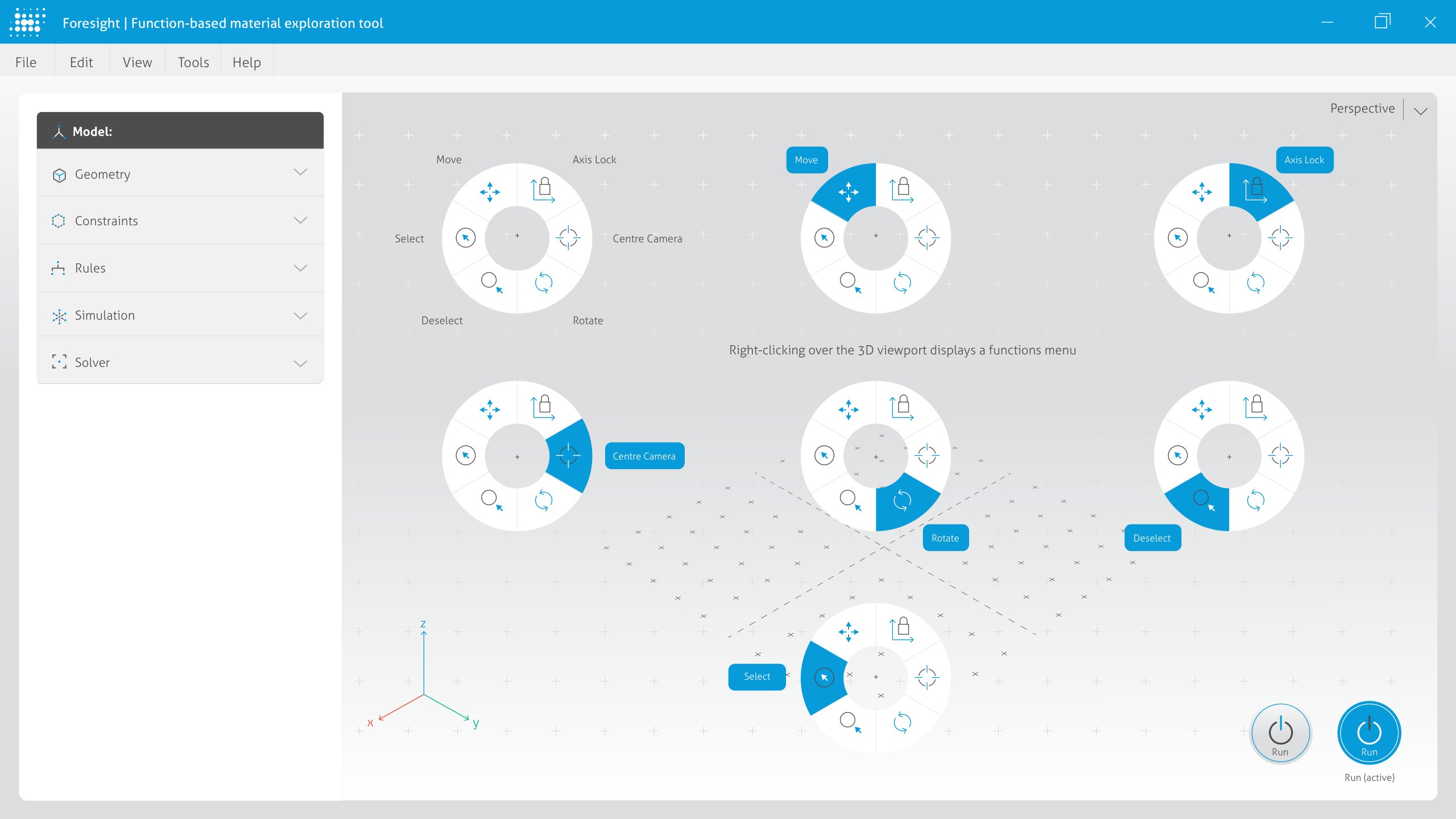 A Foresight interface concept with the model builder panel and a radial right-click menu in the 3D viewport offering move, axis lock, centre camera, rotate, deselect and select