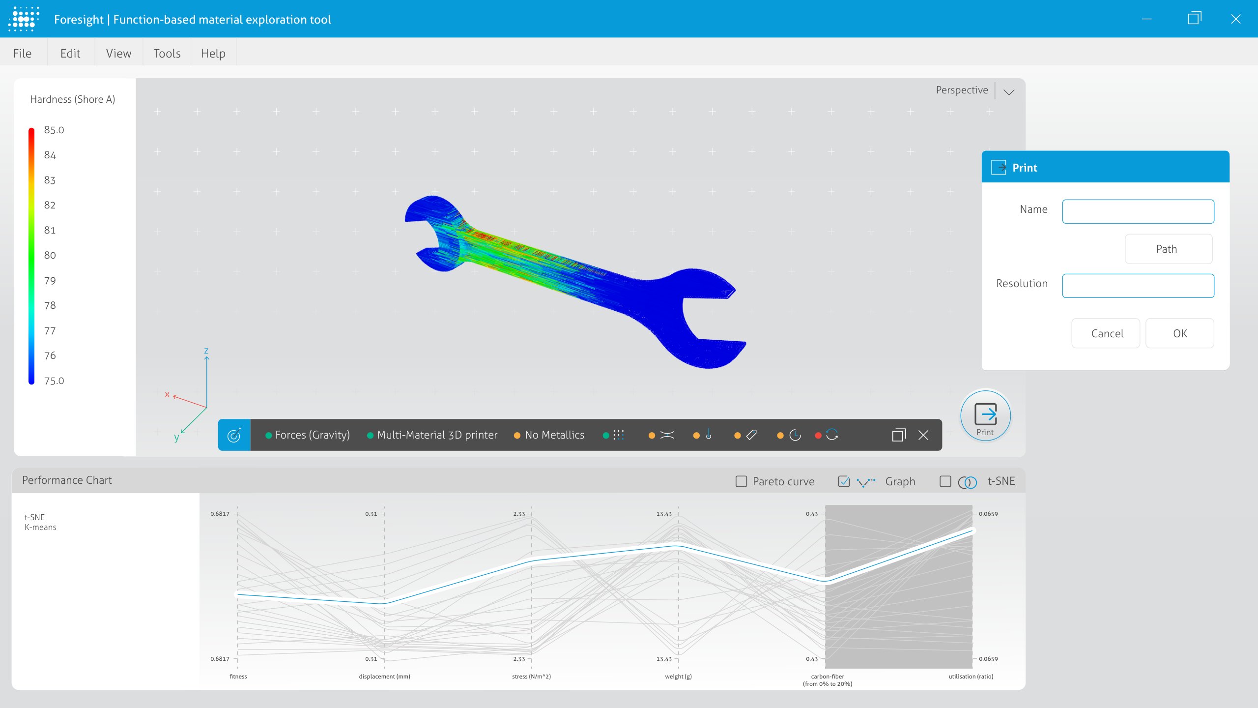 A Foresight interface concept showing a spanner coloured by material hardness from blue to red, a hardness scale on the left, a print dialogue and a performance chart comparing solutions
