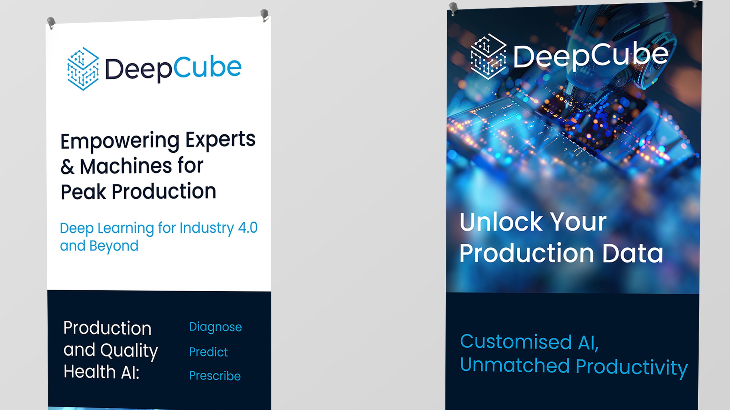 Close-up of the two DeepCube roller banners, showing the cube logo, the headlines Empowering Experts and Machines for Peak Production and Unlock Your Production Data, and the line Production and Quality Health AI: Diagnose, Predict, Prescribe.