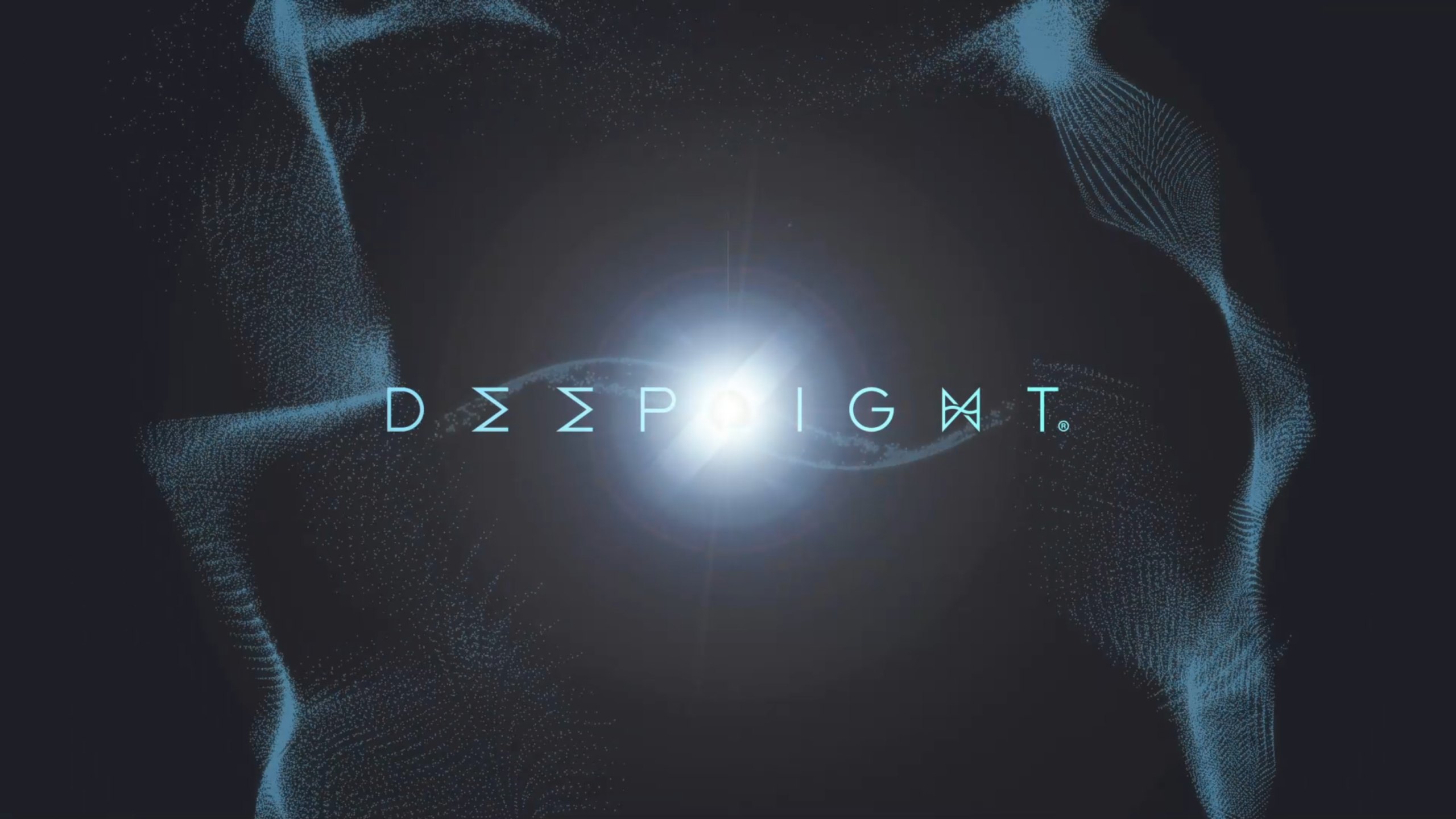 The Deeplight wordmark lit by a bright point of light at its centre, framed by flowing waves of blue particles on a dark background