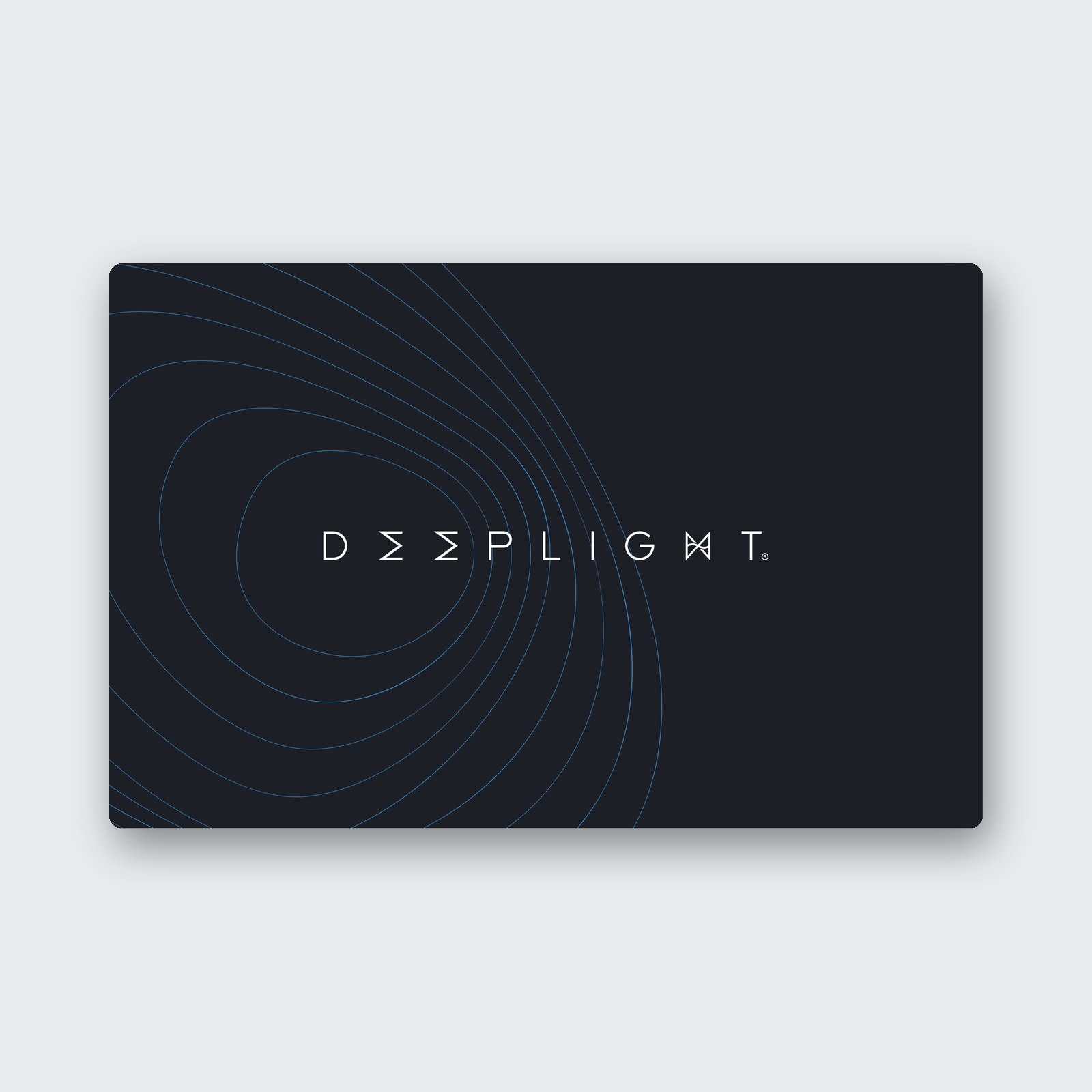 The back of a Deeplight business card in dark navy, with the white wordmark over fine blue contour lines