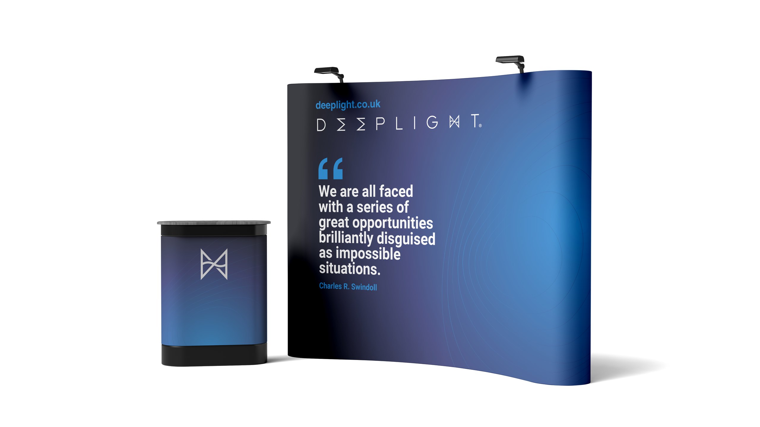 A curved Deeplight exhibition stand in a navy to blue gradient with the wordmark, website address and a large quote, beside a matching counter with the Deeplight symbol