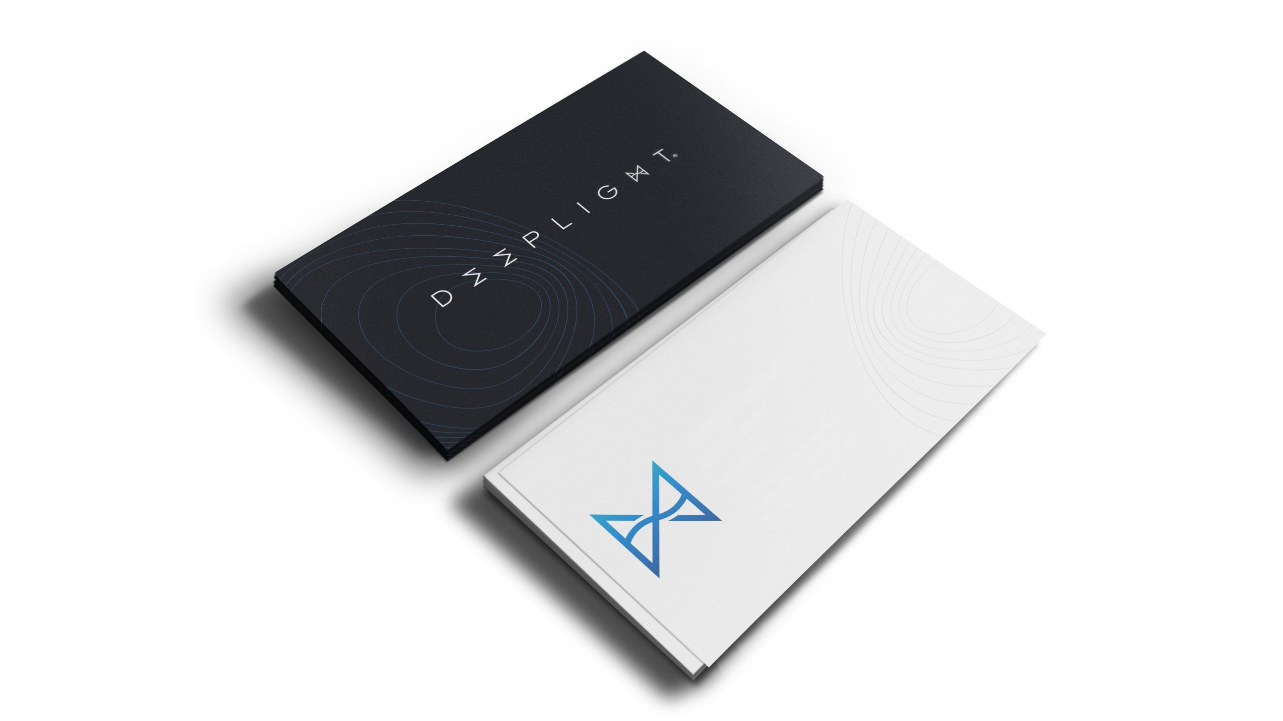 Two stacks of Deeplight business cards, one dark navy with the wordmark across fine blue contour lines, one white with the blue Deeplight symbol