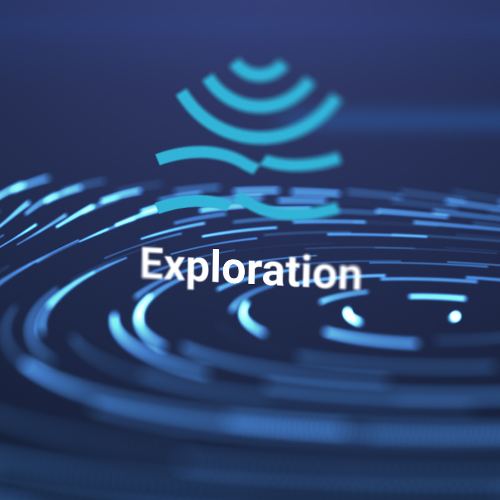 Explainer video frame of the Exploration icon, layered seismic waves above a rippling blue surface
