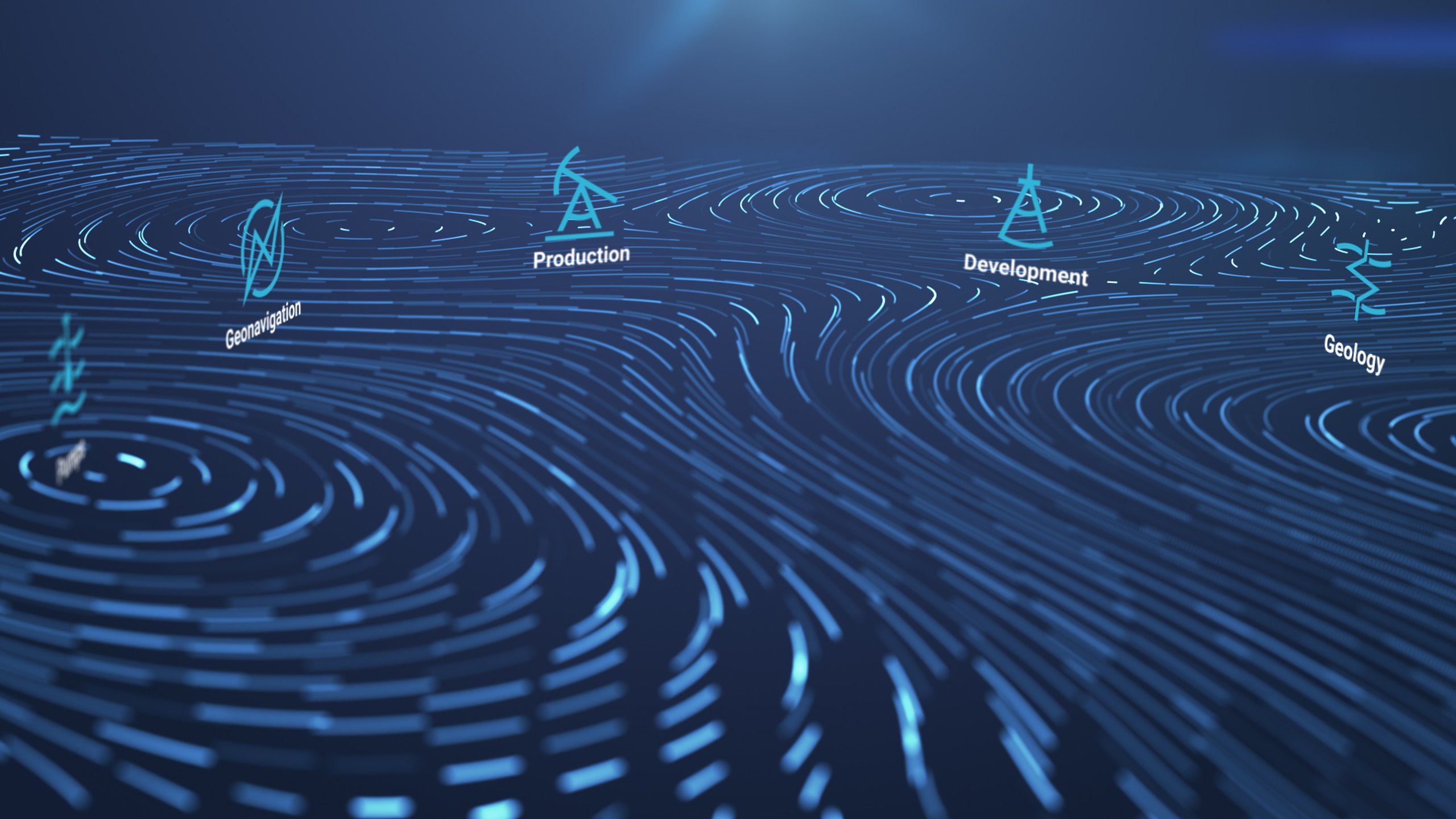 Explainer video frame showing a field of glowing blue flow lines with icons for geonavigation, production, development and geology placed along the oil and gas process