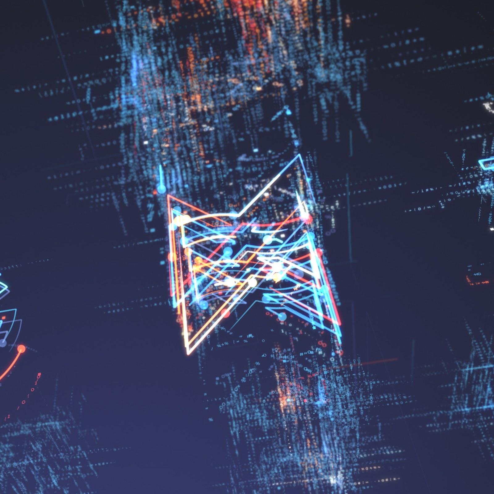 Explainer video frame of the Deeplight symbol traced in neon blue, orange and white lines amid streams of data points