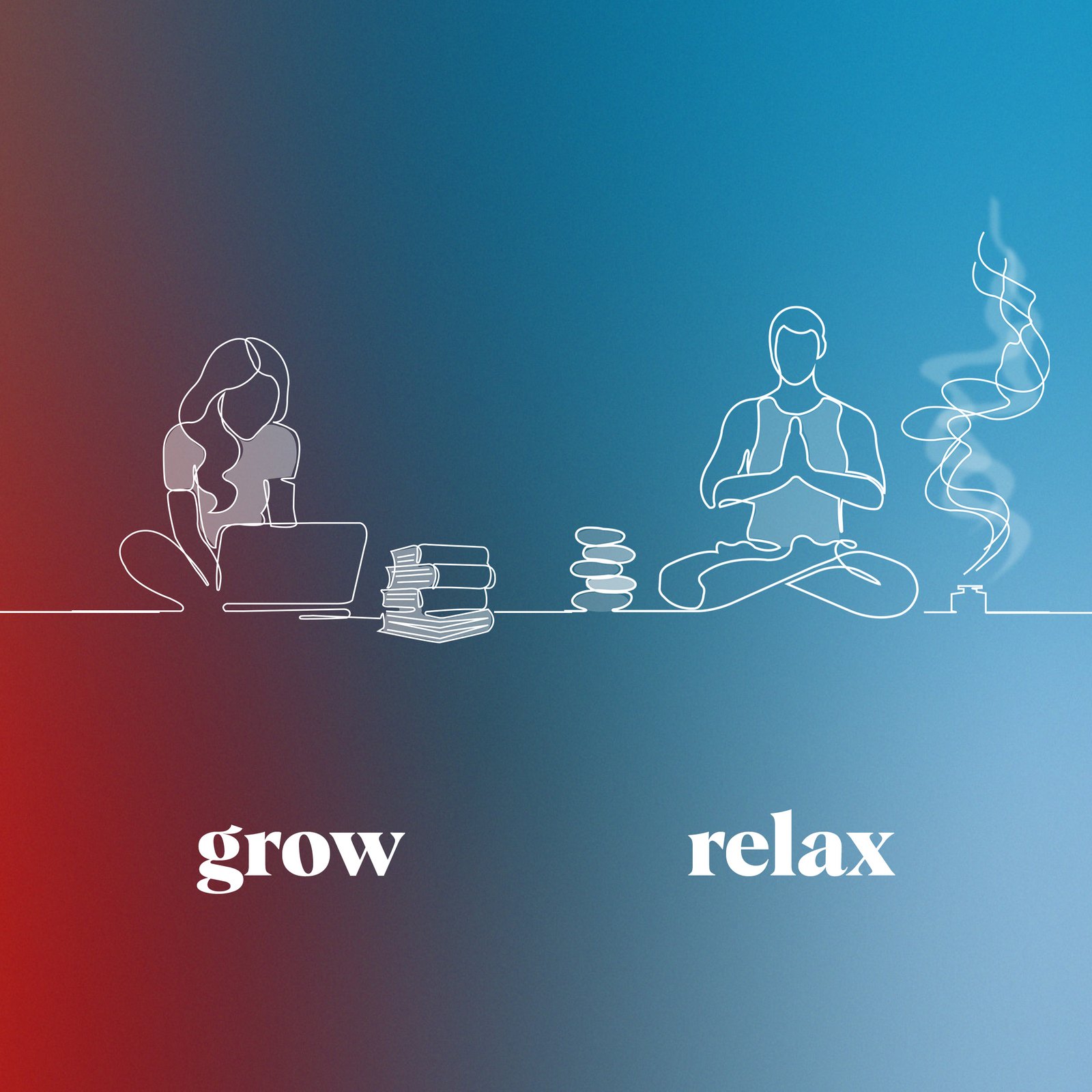 Emberly mode artwork for grow and relax, with white single-line drawings of a person reading at a laptop beside a stack of books and a person meditating beside balancing stones and incense, on a red to blue gradient