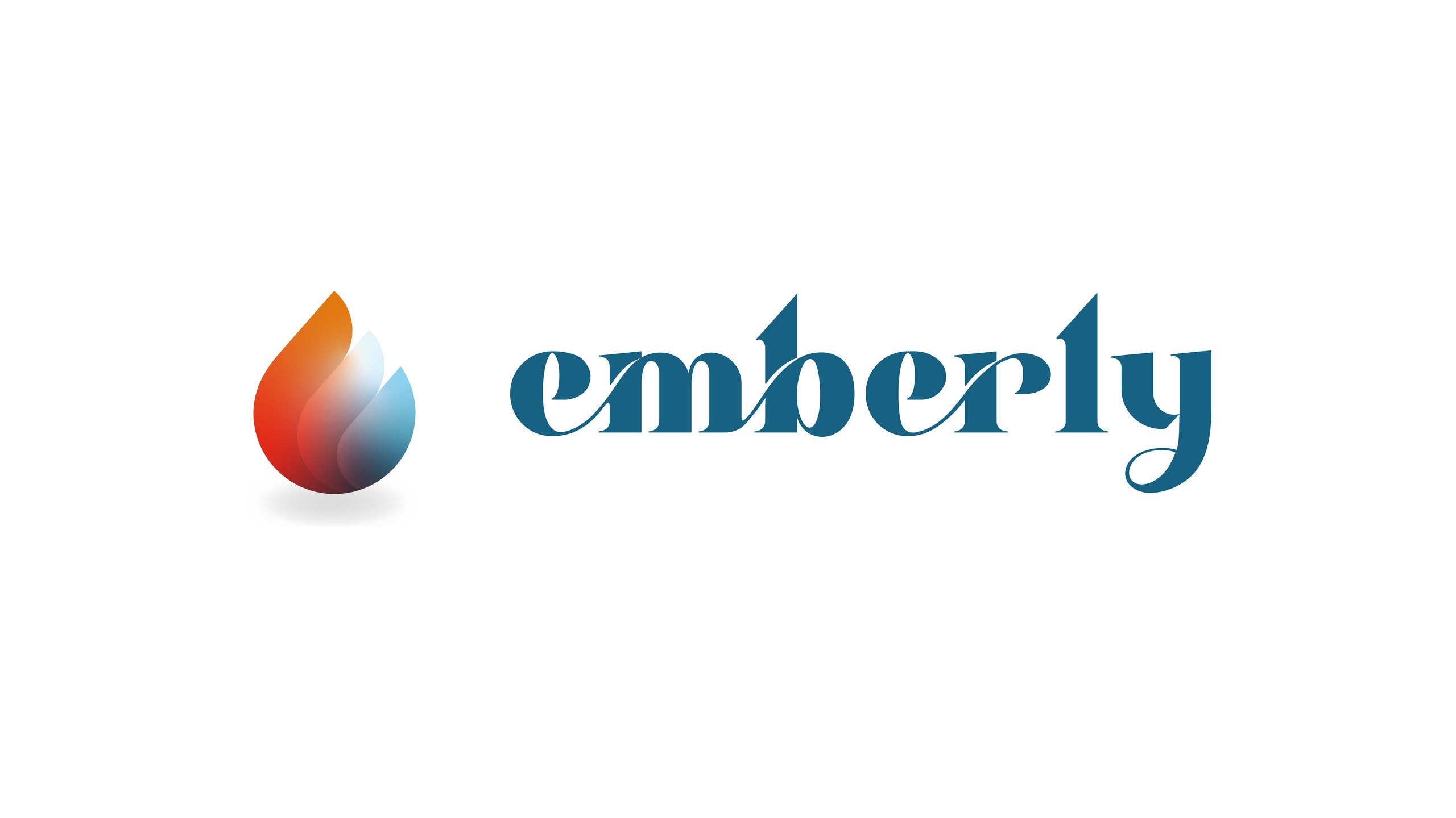 The Emberly logo on white: a rounded flame of overlapping petals shading from orange through white to blue, beside the emberly wordmark in a teal display serif