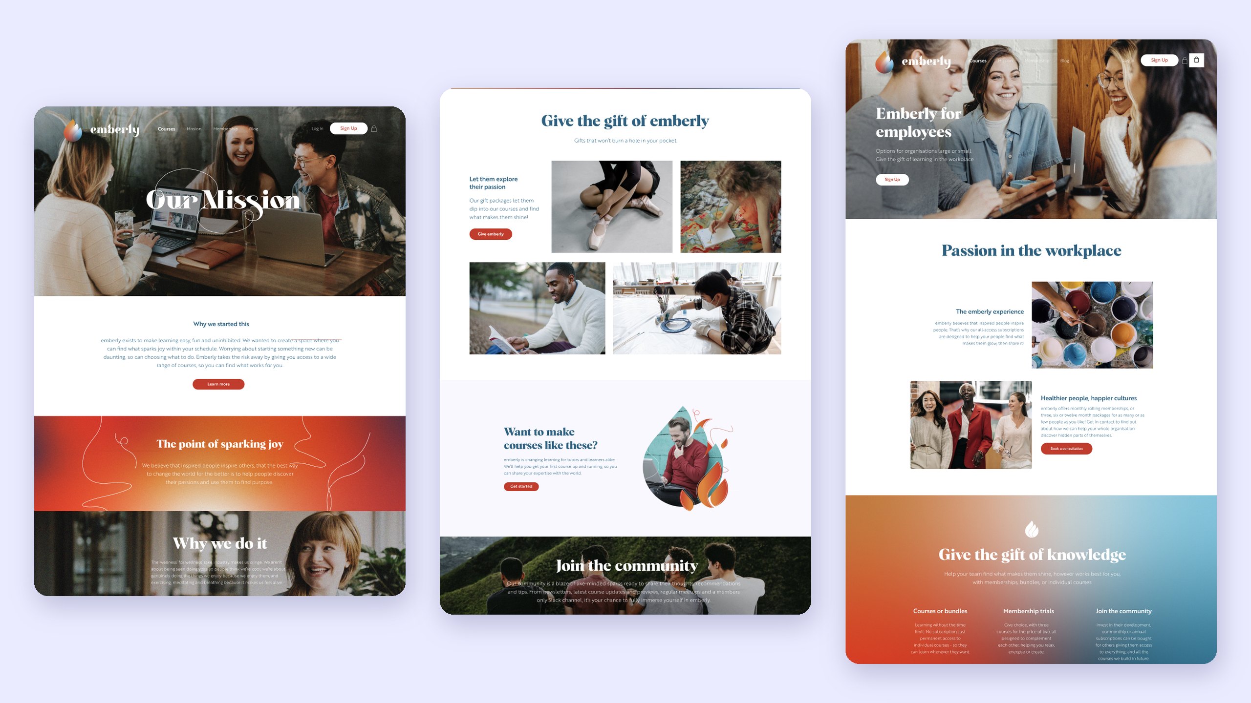 Three pages from the Emberly website on a lilac background: Our Mission with a photo of friends at laptops, Give the gift of emberly with course photos and a Join the community banner, and Emberly for employees with a Passion in the workplace section