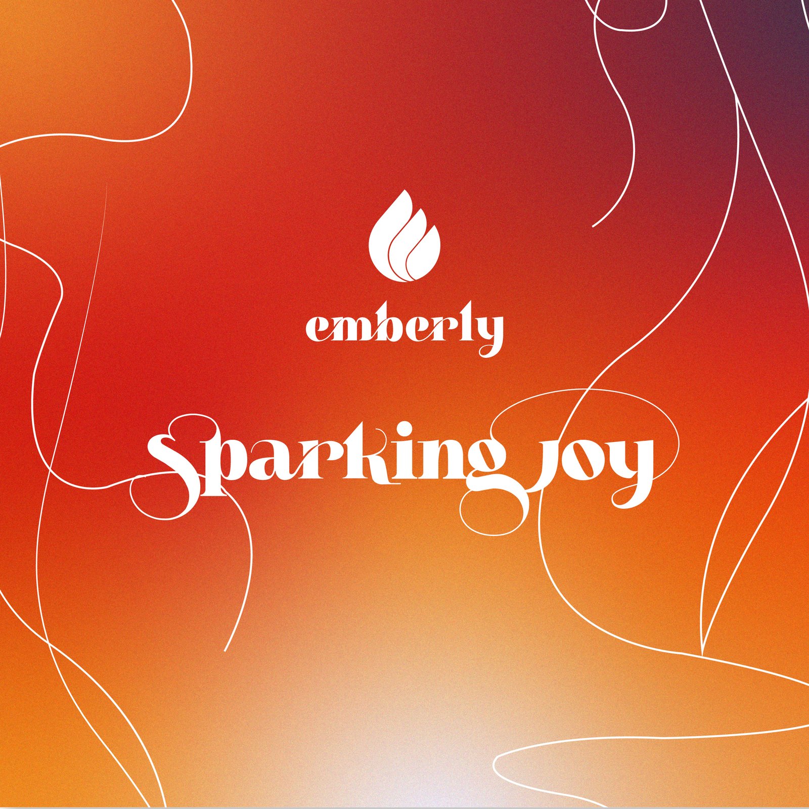 Emberly social graphic with the flame icon, the emberly wordmark and the words Sparking joy in white script over a red and orange gradient threaded with fine white lines