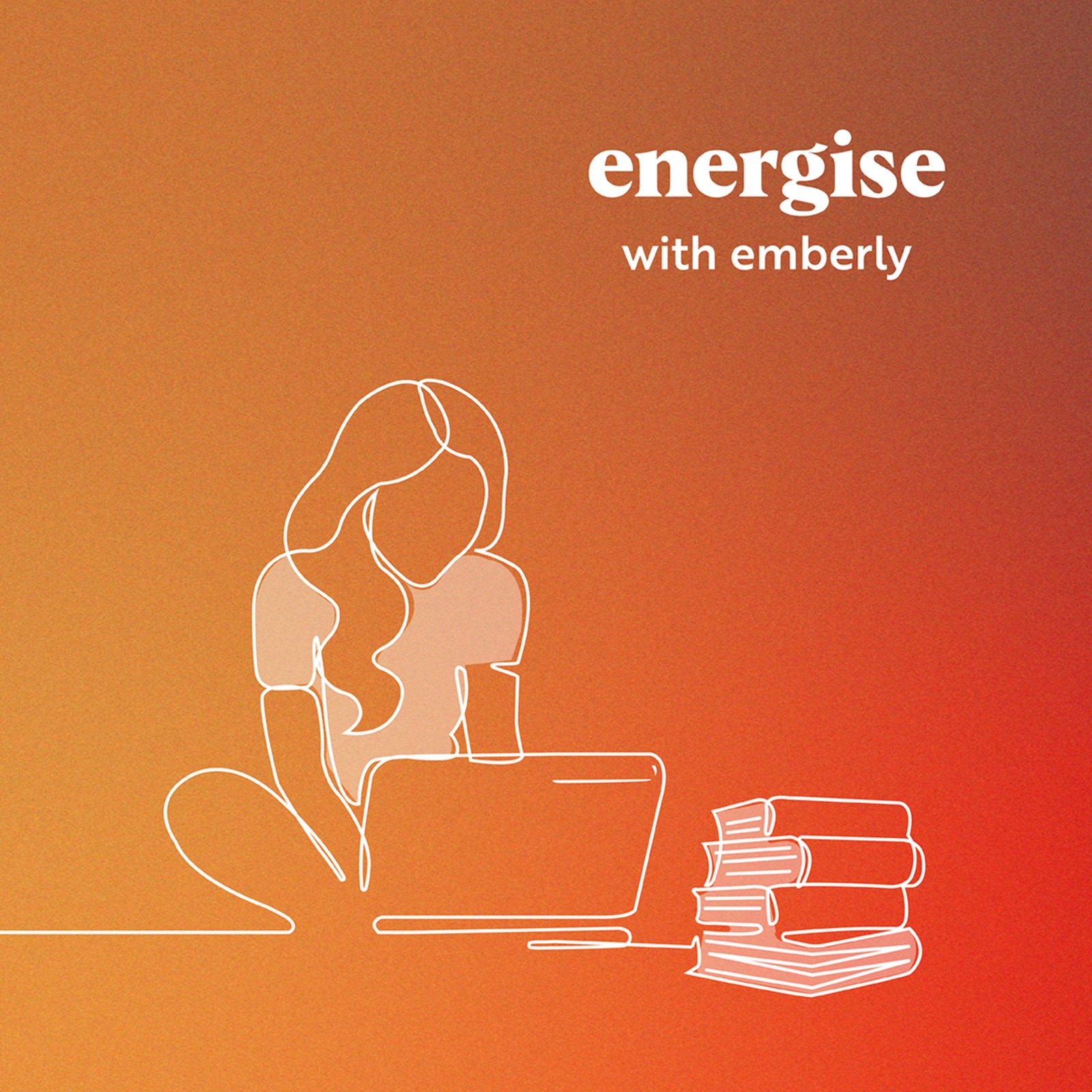 Emberly social post reading energise with emberly above a white line drawing of a person at a laptop beside a stack of books, on an orange gradient
