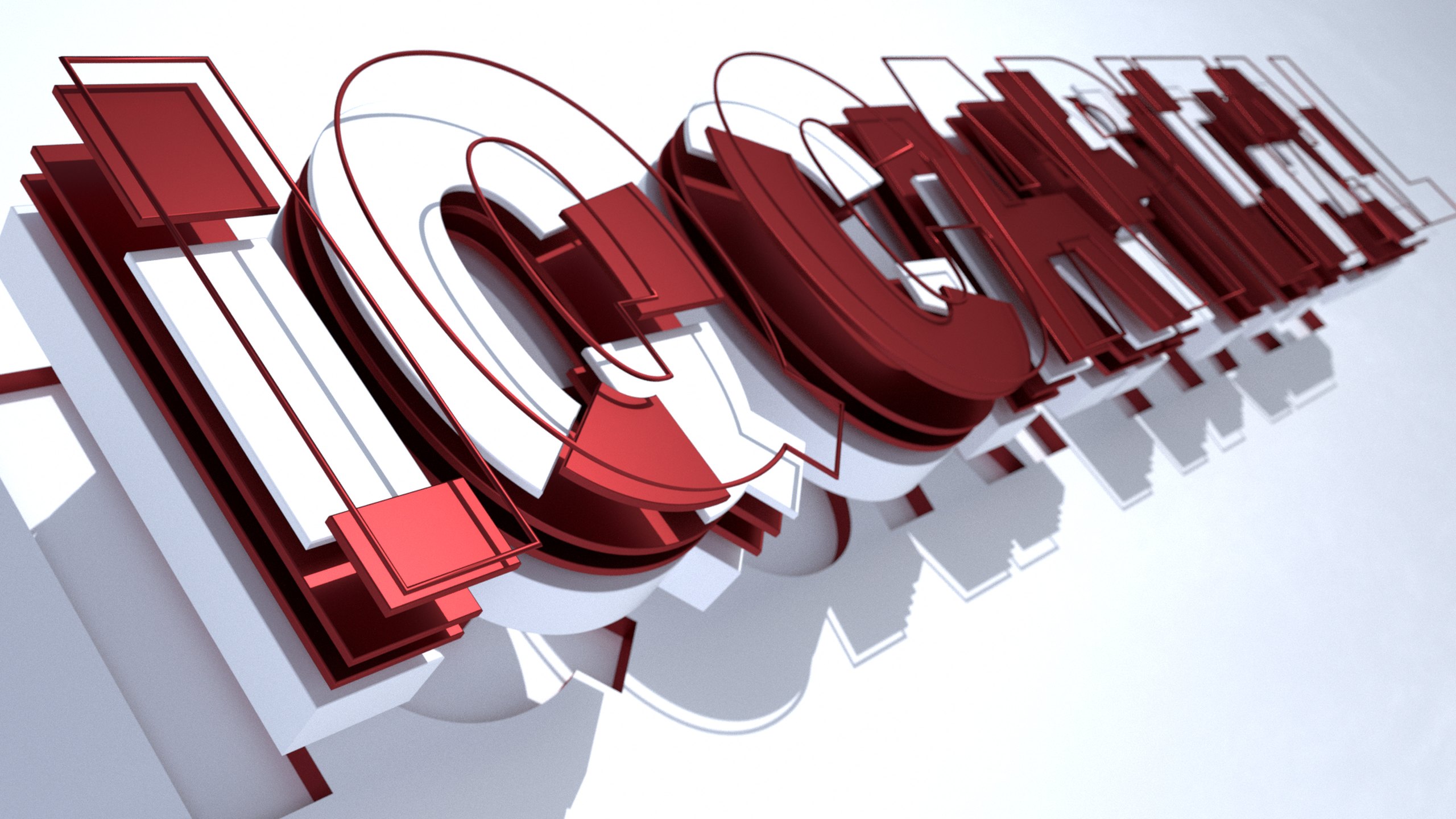 Angled 3D render of the IQ Capital wordmark, red and white layered letters with fine outlines casting long shadows across a pale surface