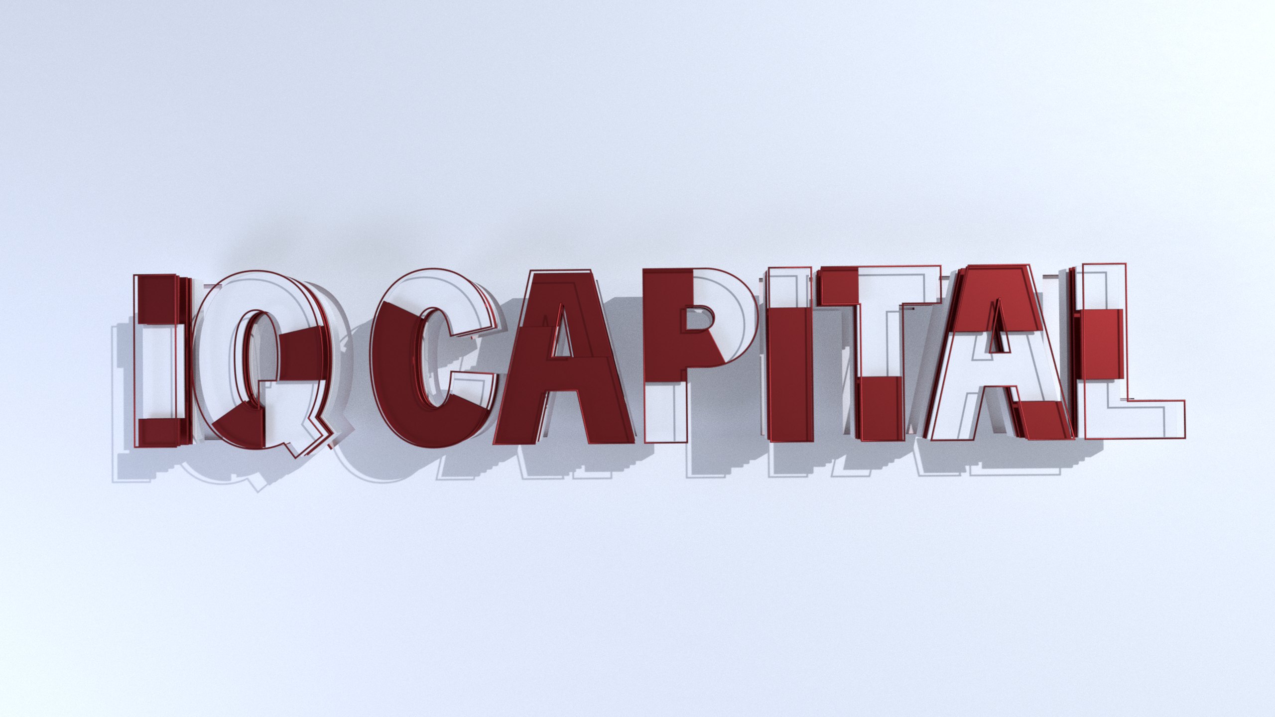 3D render of the IQ Capital wordmark with letters split between solid red blocks and white outlines, floating over a pale grey background