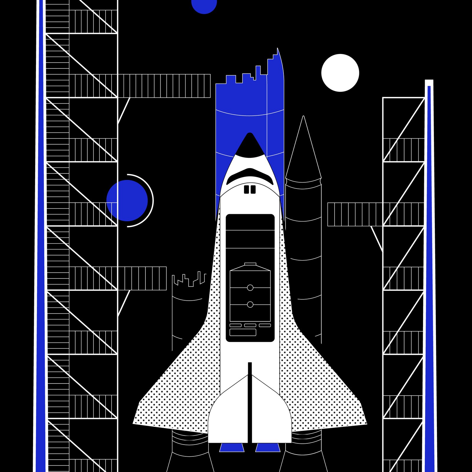 Launchpad stage illustration: a white space shuttle with a blue fuel tank standing between two launch towers against a black sky dotted with blue and white planets