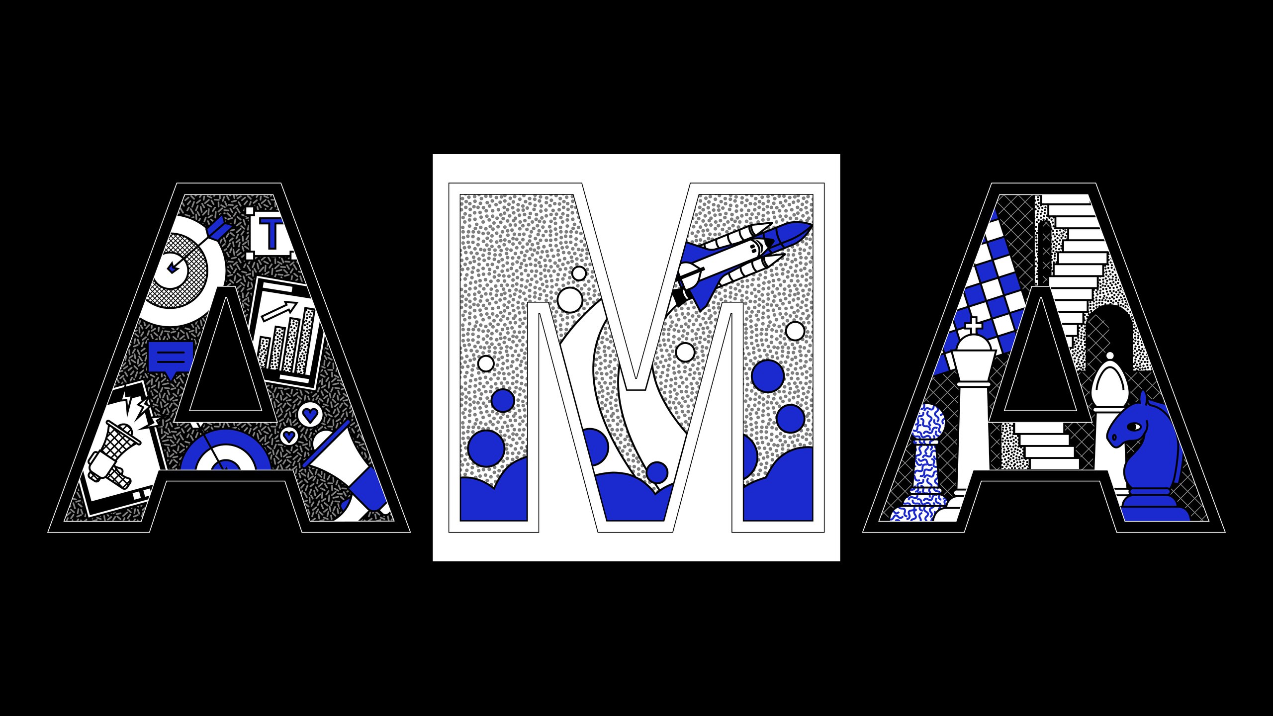 The illustrated letters A, M and A from the Hatch Ask Me Anything promo: the first A filled with marketing icons such as a target, megaphone, chart and hearts, the M with a rocket launching through blue clouds, and the last A with chess pieces and a staircase, in black, white and blue