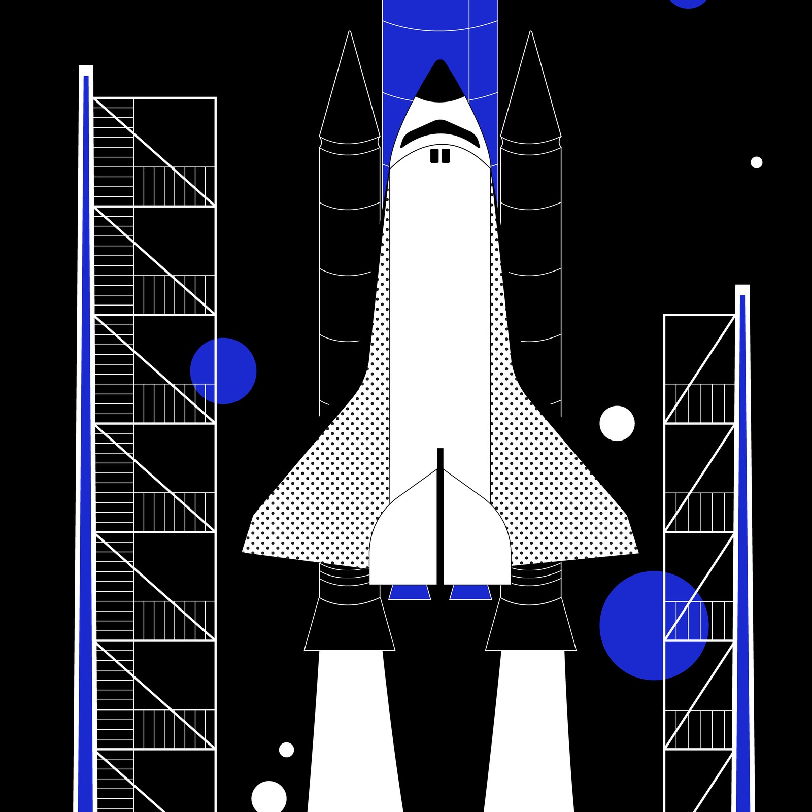 Incubator stage illustration: a white space shuttle rising beside its launch tower on two white exhaust plumes, with blue planets in a black sky