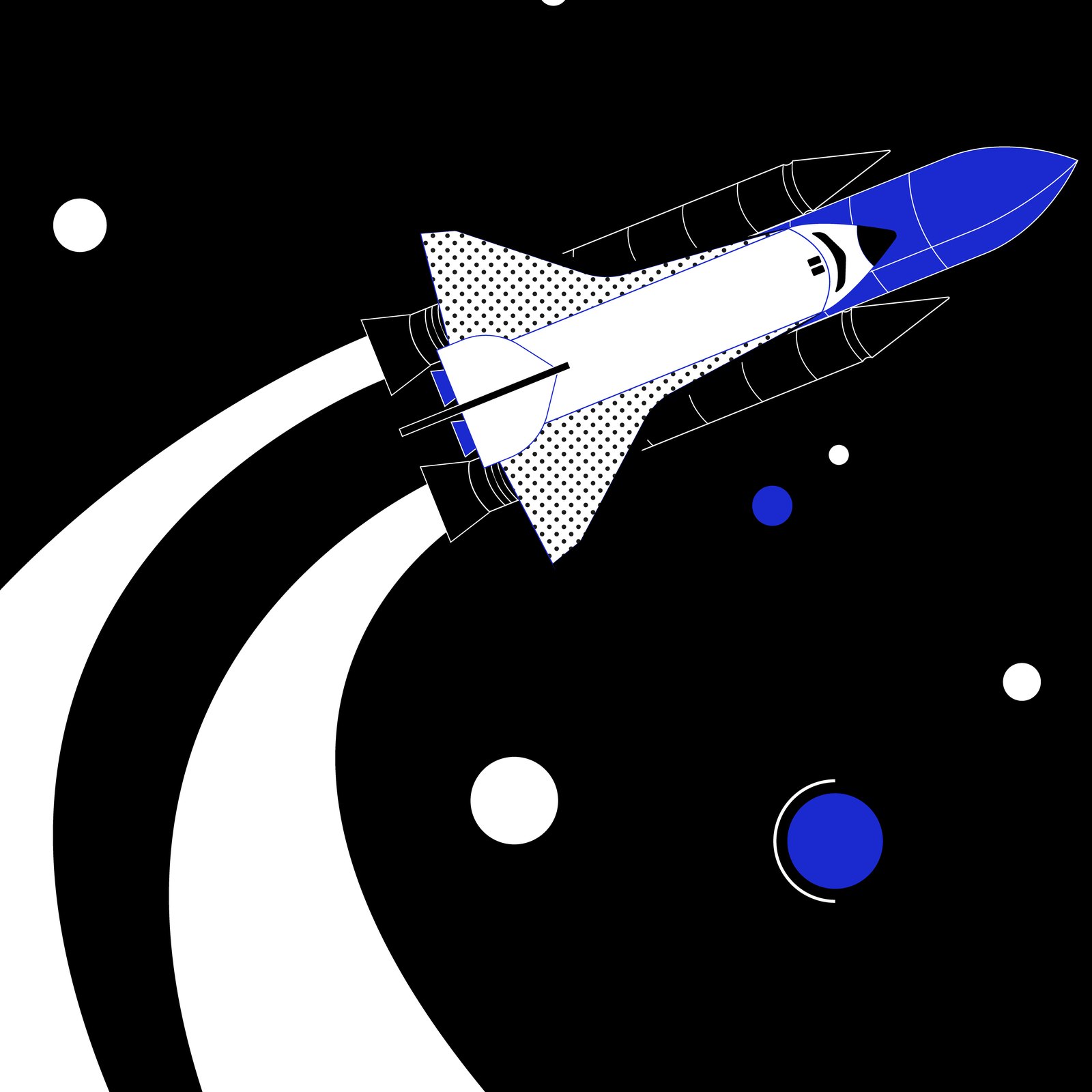 Accelerator stage illustration: a white and blue space shuttle climbing diagonally across a black sky on a curving white vapour trail above billowing blue clouds