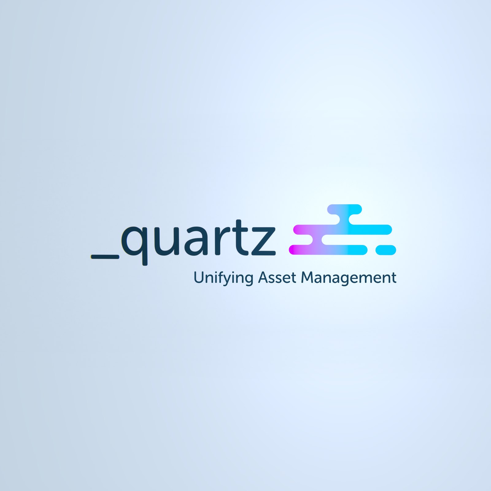 The Quartz logo in navy with its pink to cyan cloud mark and the line Unifying Asset Management, on a pale blue background