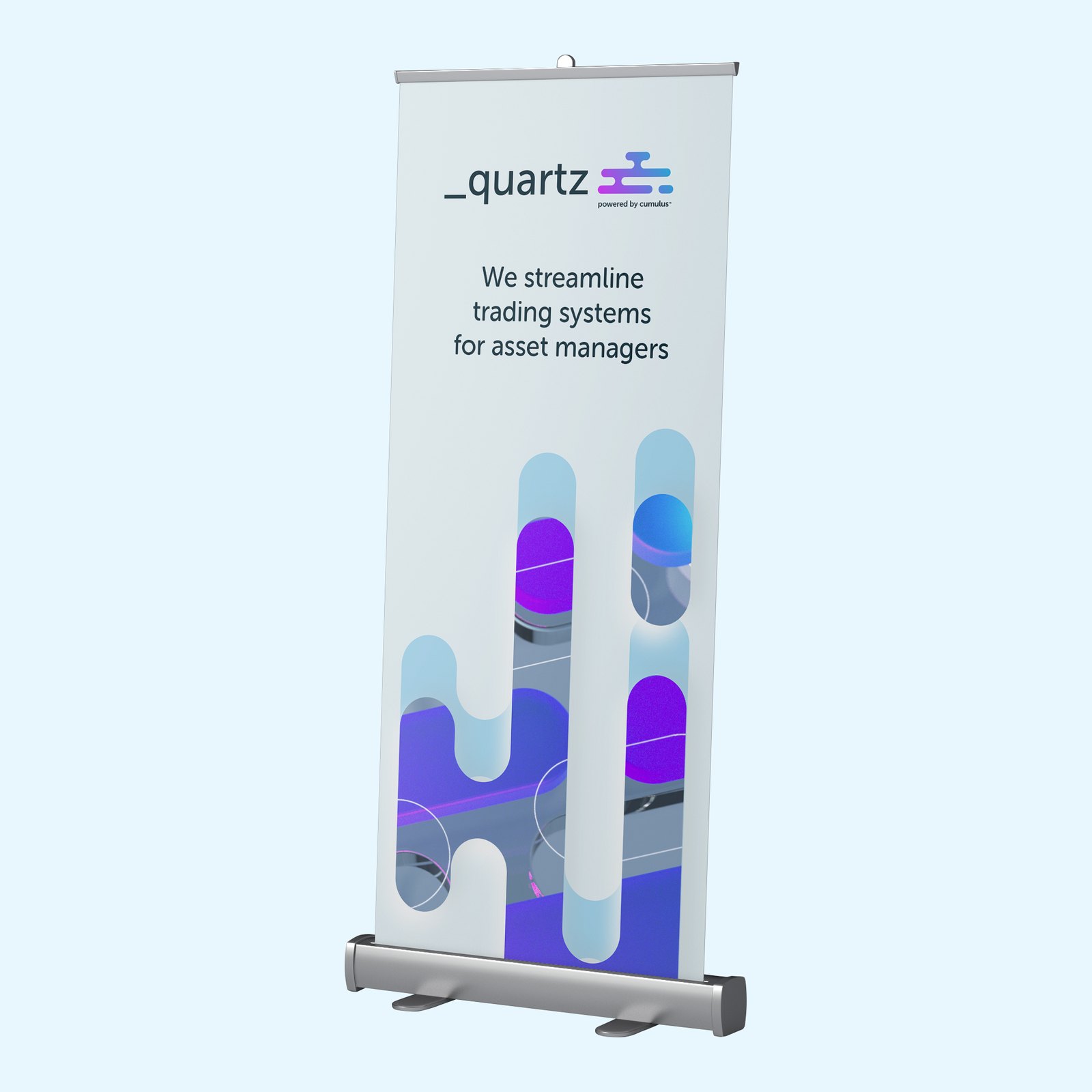 A white Quartz roll-up banner reading We streamline trading systems for asset managers, above violet and blue shapes