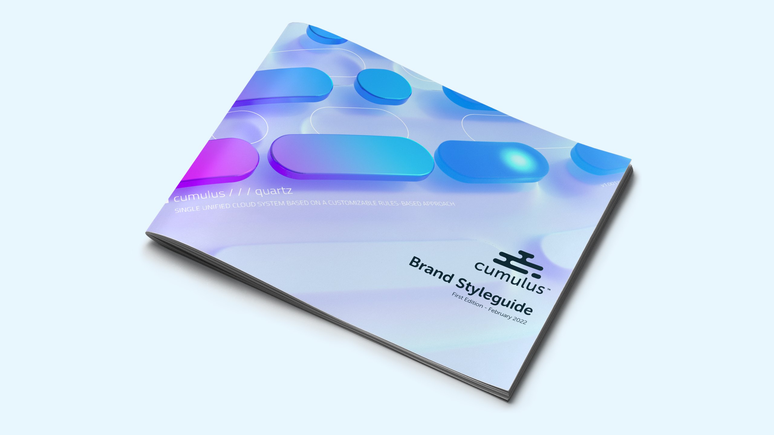 Cover of the Cumulus Brand Styleguide, first edition February 2022, with glossy blue and violet 3D capsules