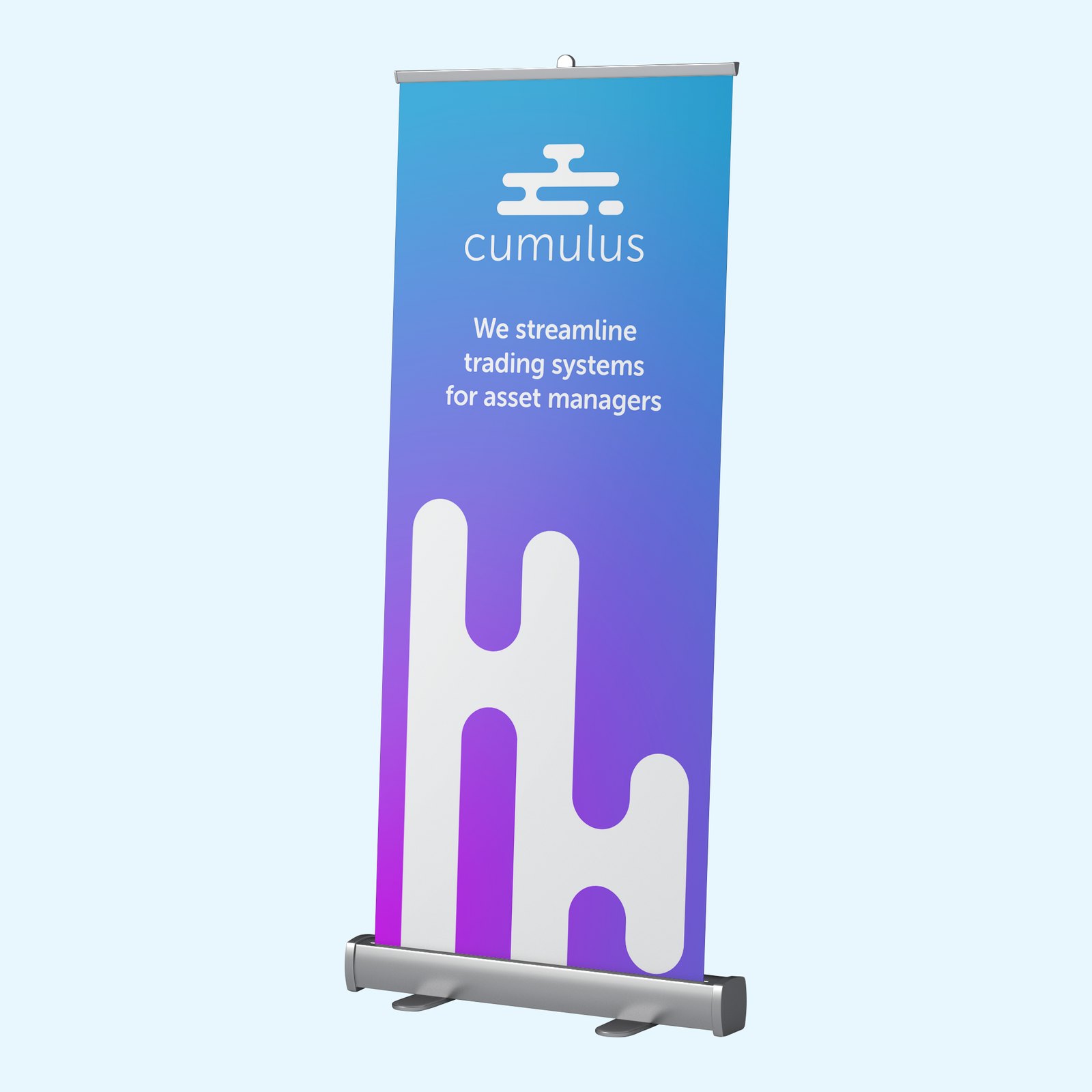 A blue to violet Cumulus roll-up banner with the cloud logo and the line We streamline trading systems for asset managers