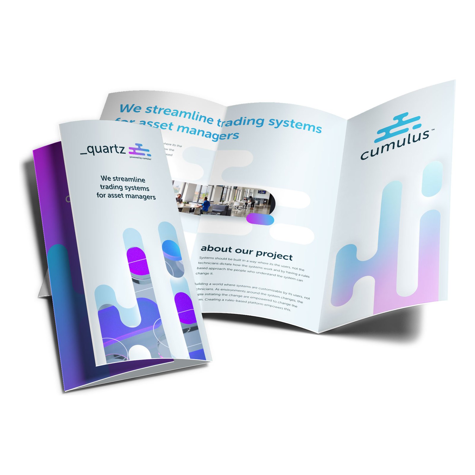 A Cumulus and Quartz three-fold leaflet, open on a spread headed We streamline trading systems for asset managers