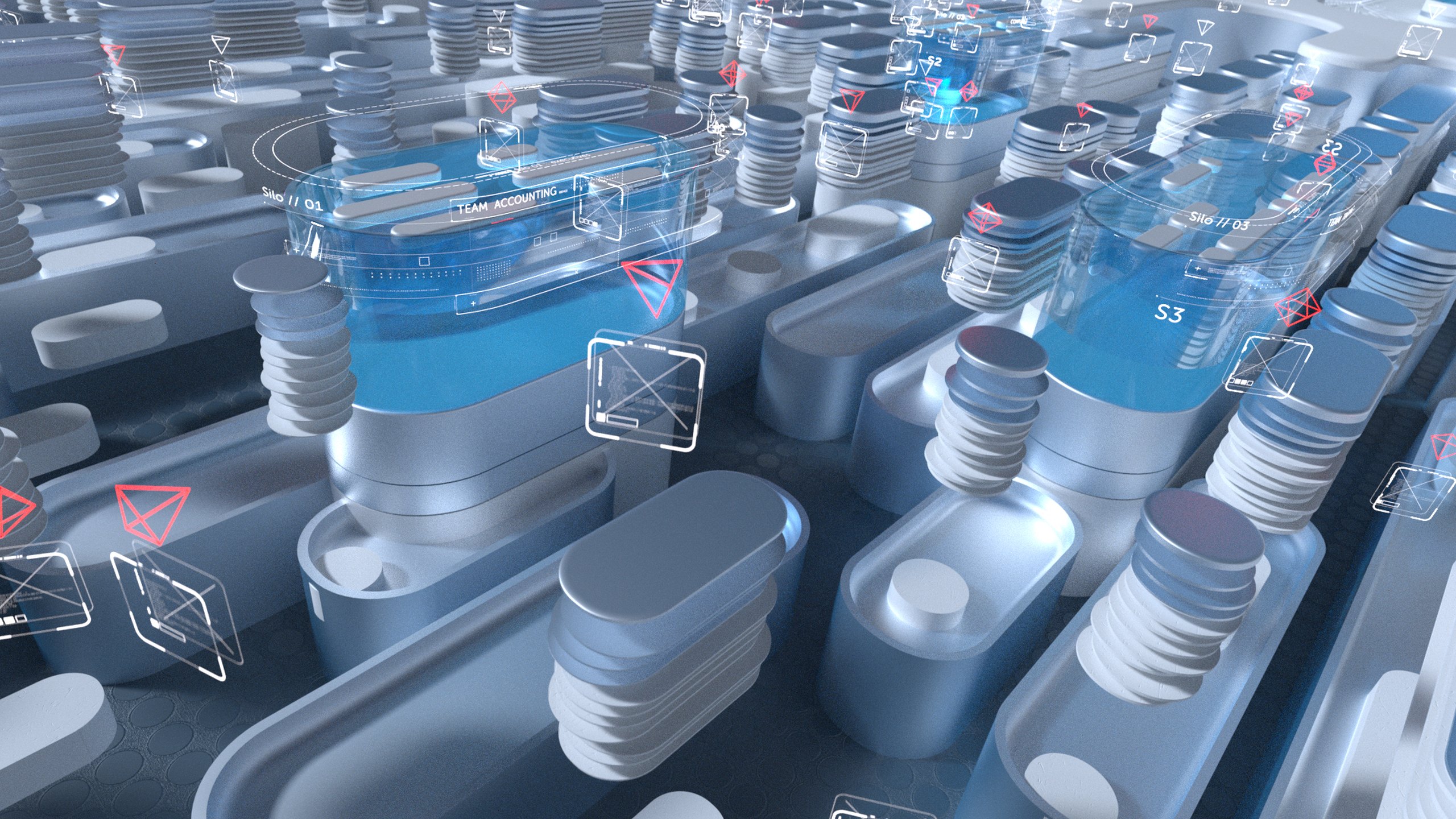 A 3D scene designed for the Quartz promo film: separate glass silos labelled Team Accounting and Silo 03 among stacks of grey blocks, with red warning markers