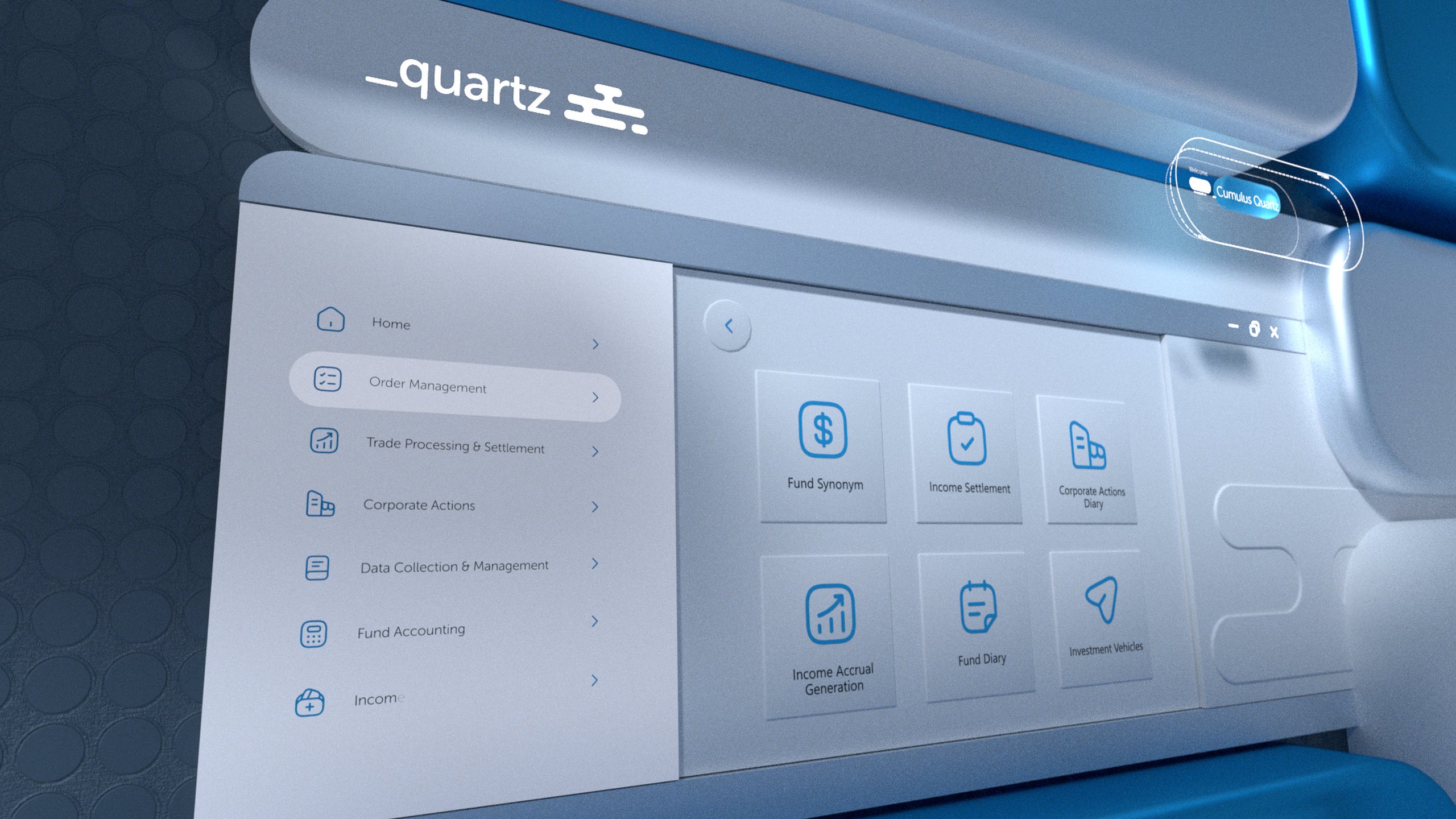 A 3D scene designed for the Quartz promo film: the Quartz interface with a menu for order management, trade processing, corporate actions and fund accounting, and tiles such as Income Settlement and Fund Diary