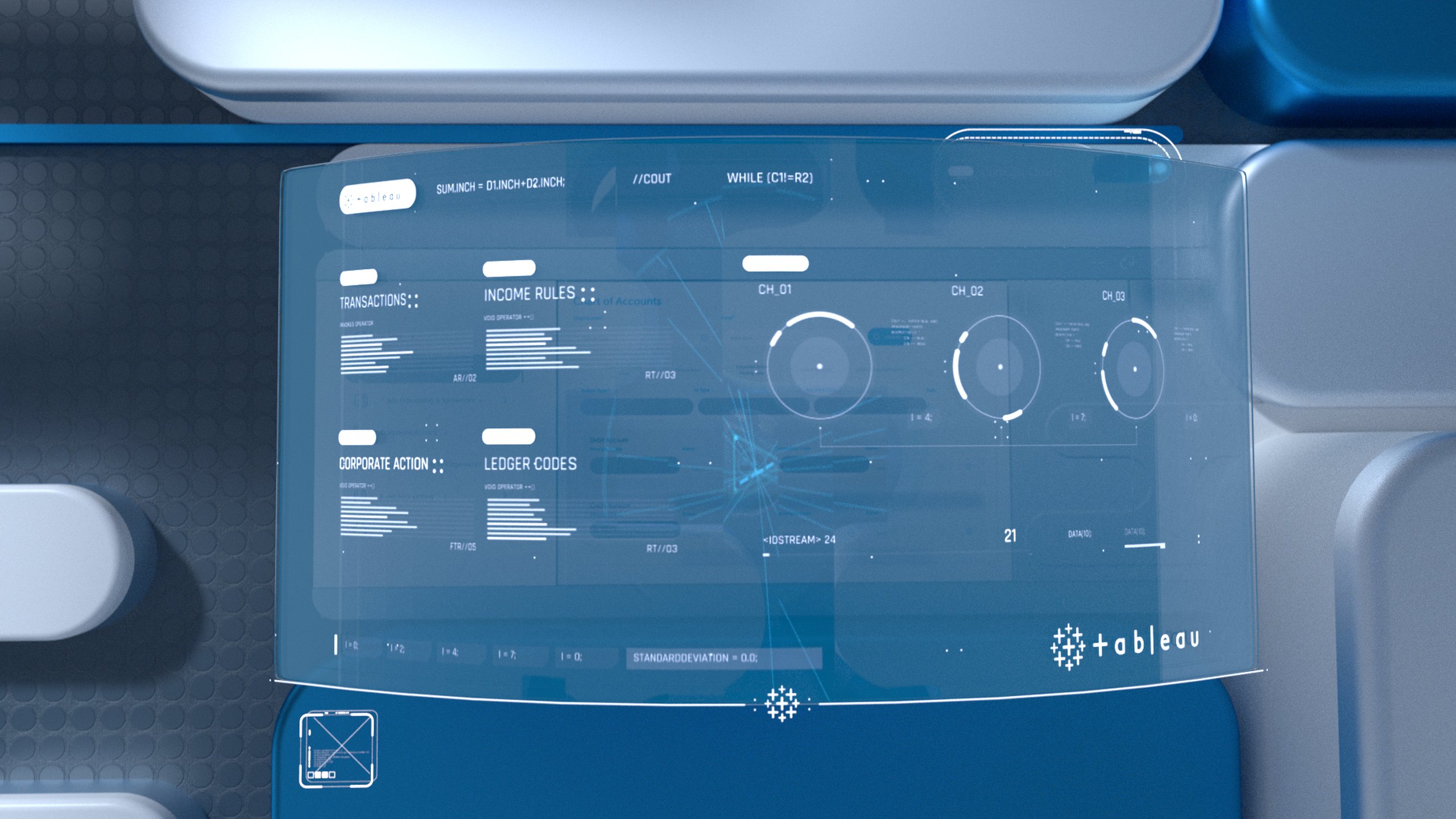 A 3D scene designed for the Quartz promo film: a translucent reporting panel with transactions, income rules, corporate actions and ledger codes, marked with the Tableau logo
